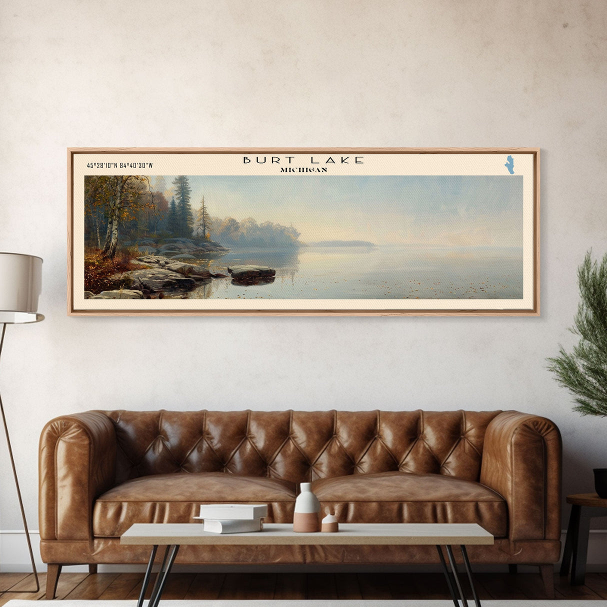 Burt Lake Michigan Framed Canvas Print, Panoramic Lake House Decor, Wall Art, Travel Poster, Rustic Lake Painting, Nature Art