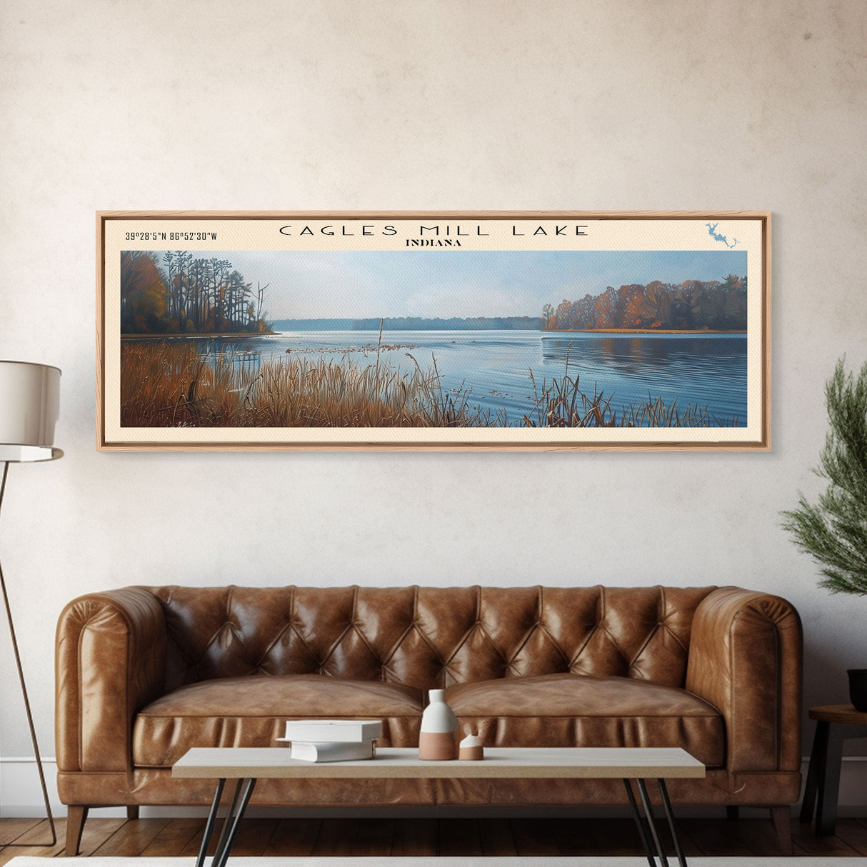Cagles Mill Lake Indiana Framed Canvas Print, Lake House Art, Panoramic Travel Poster, Wall Art, Modern Lake Painting, Home Decor