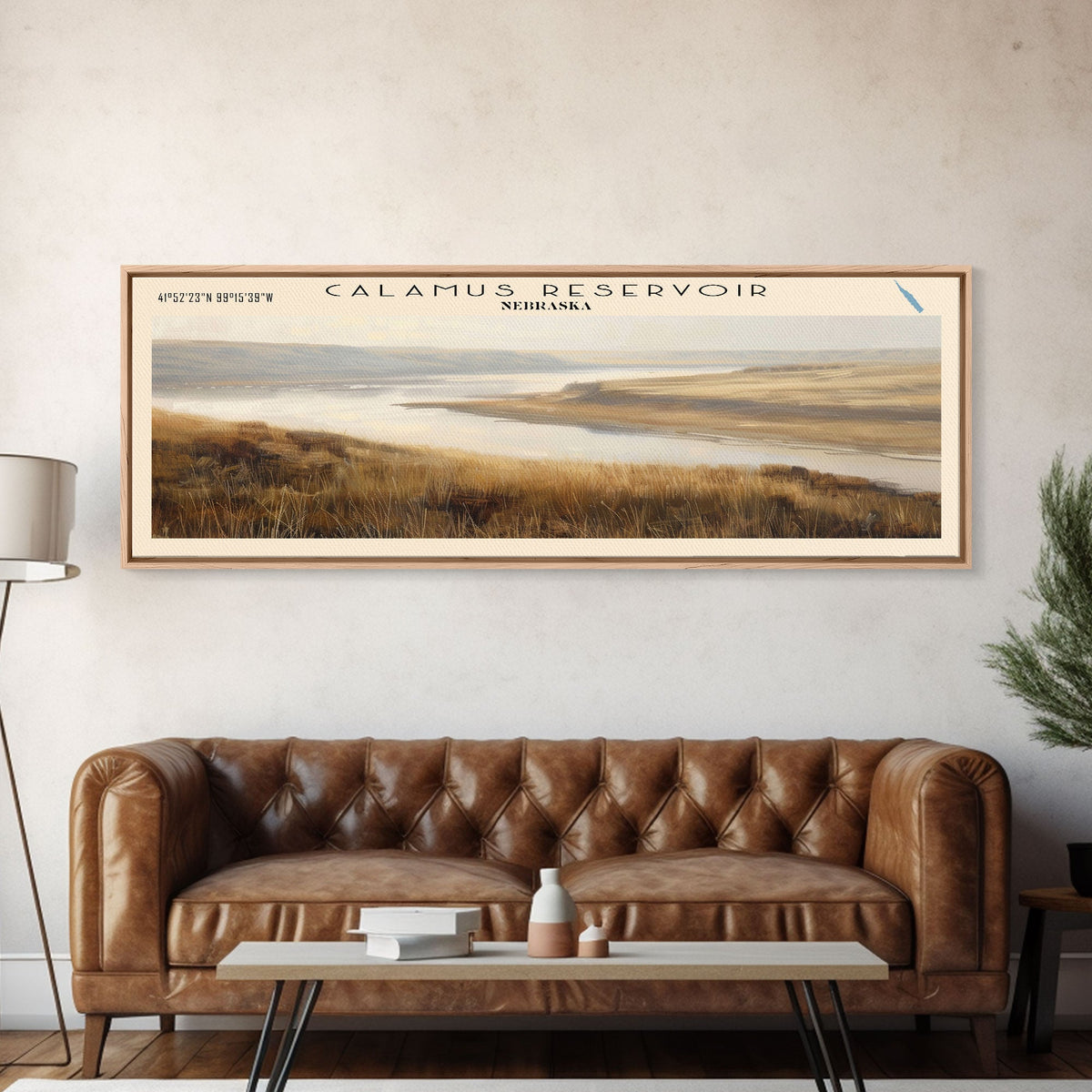 Calamus Reservoir Nebraska Framed Canvas Print, Panoramic Lake House Decor, Wall Art, Travel Poster, Rustic Lake Painting, Nature Art