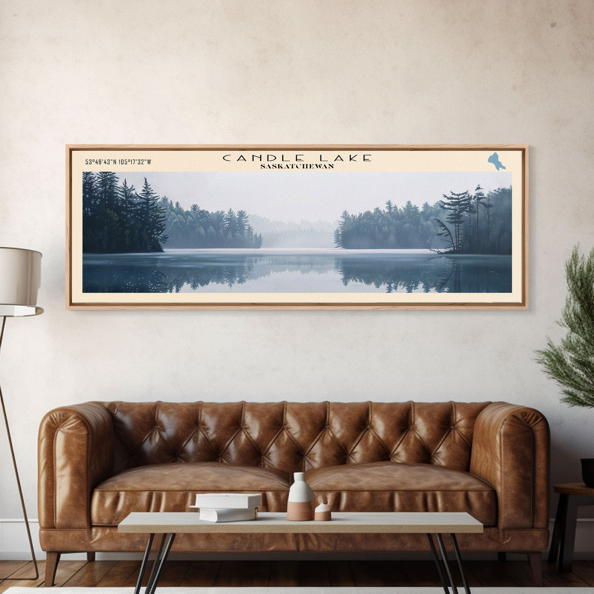 Candle Lake Framed Canvas Print, Panoramic Lake House Decor, Wall Art, Travel Poster, Rustic Lake Painting, Home Decor