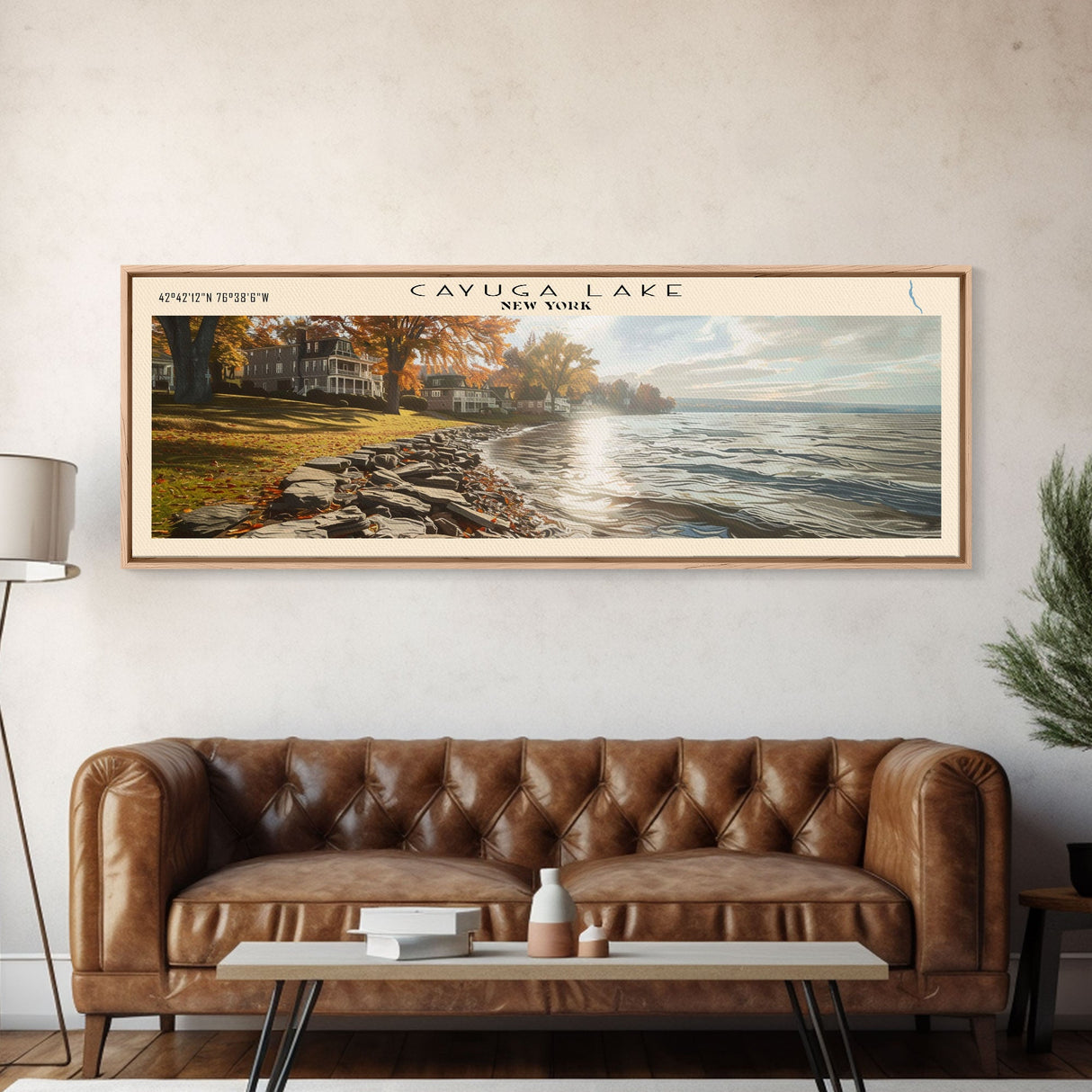 Cayuga Lake New York Framed Canvas Print, Lake House Art, Panoramic Travel Poster, Wide Wall Art, Modern Lake Painting, Home Decor