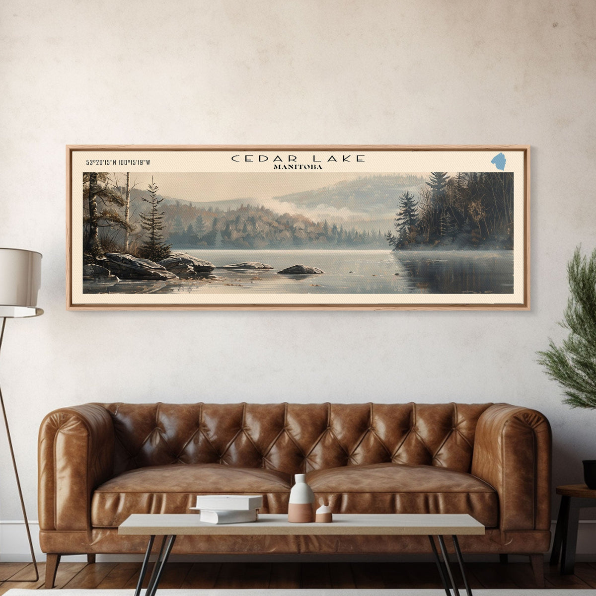 Cedar Lake Framed Canvas Print, Panoramic Lake House Decor, Wide Wall Art, Travel Poster, Rustic Lake Painting, Nature Art
