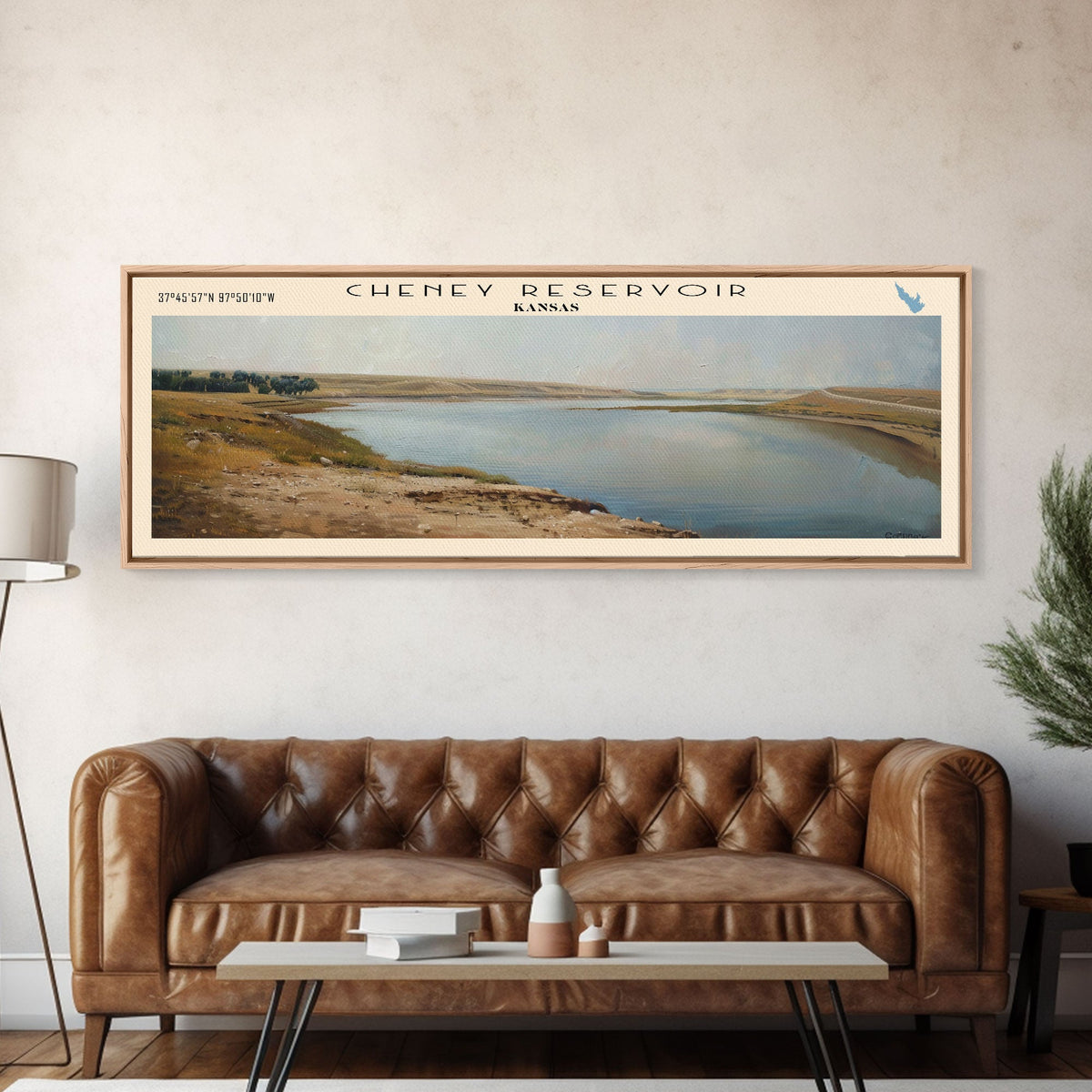 Cheney Reservoir Kansas Framed Canvas Print, Panoramic Lake House Decor, Wide Wall Art, Travel Poster, Rustic Lake Painting, Home Decor