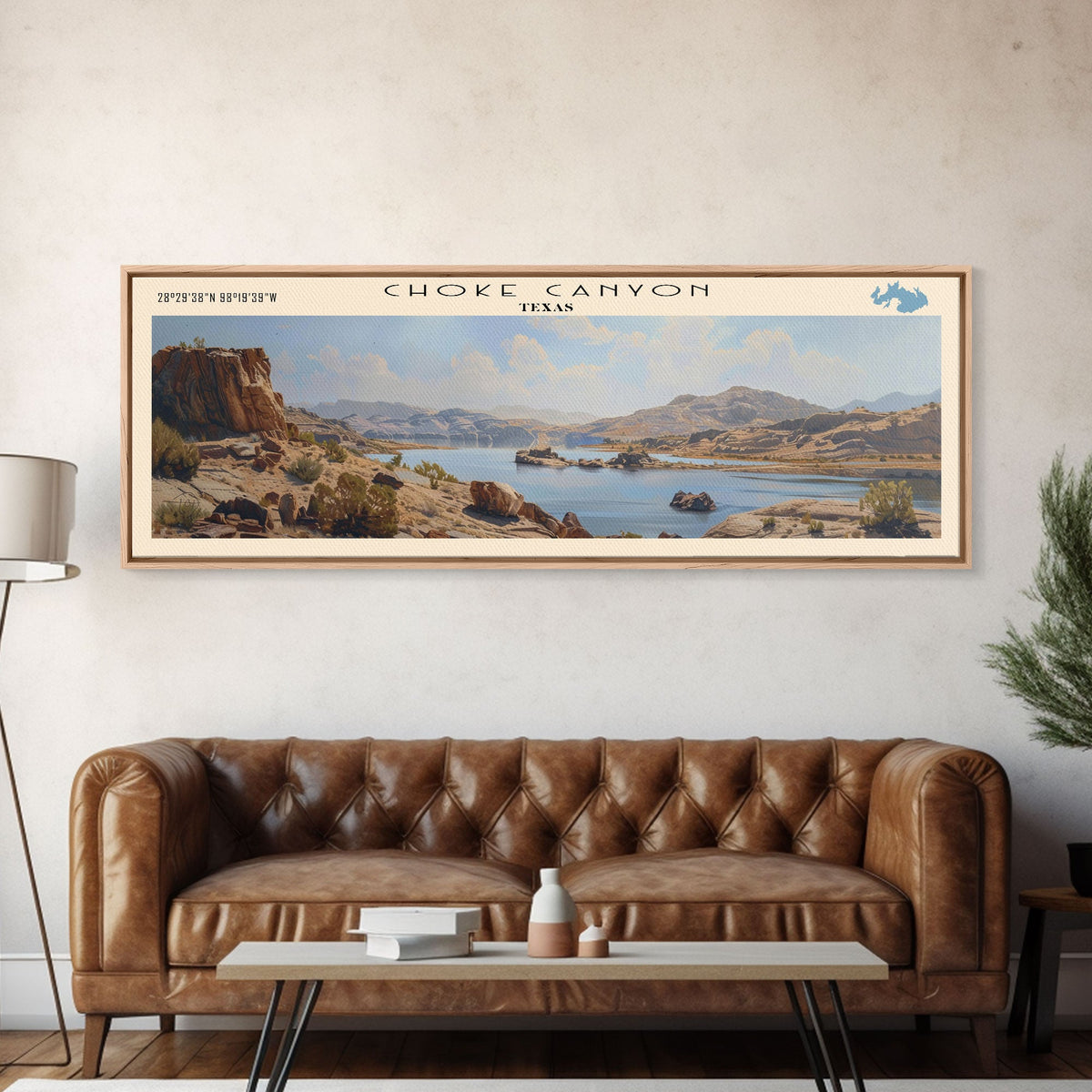 Choke Canyon Reservoir Framed Canvas Print, Panoramic Lake House Decor, Wide Wall Art, Travel Poster, Modern Lake Painting, Nature Art