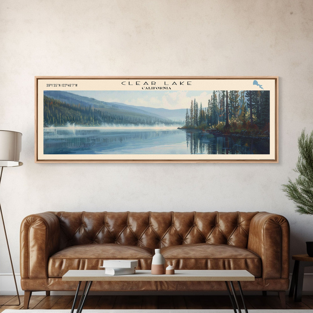 Clear Lake Framed Canvas Print, Lake House Art, Panoramic Wide Art, Travel Poster, Rustic Lake Painting, Home Decor