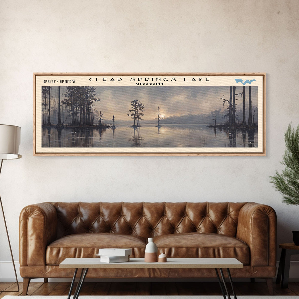 Clear Springs Lake Mississippi Framed Canvas Print, Panoramic Lake House Decor, Wide Wall Art, Travel Poster, Modern Lake Painting, Nature Art