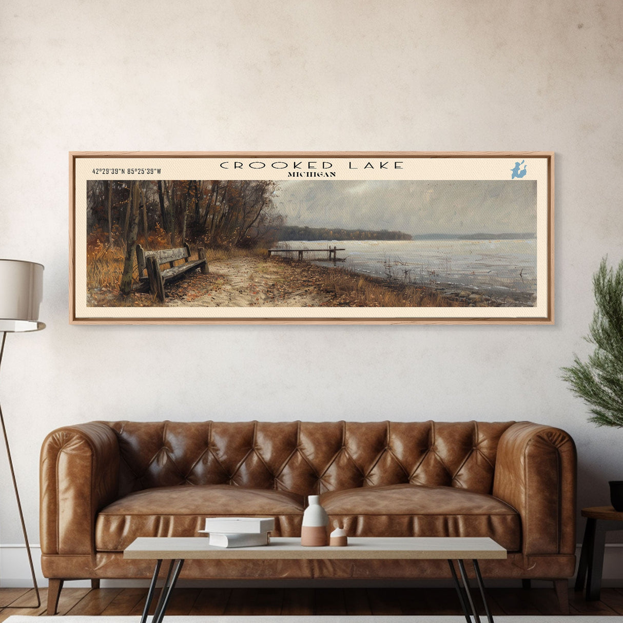 Crooked Lake Michigan Framed Canvas Print, Lake House Art, Panoramic Wall Art, Travel Poster, Minimalist Lake Painting, Home Decor