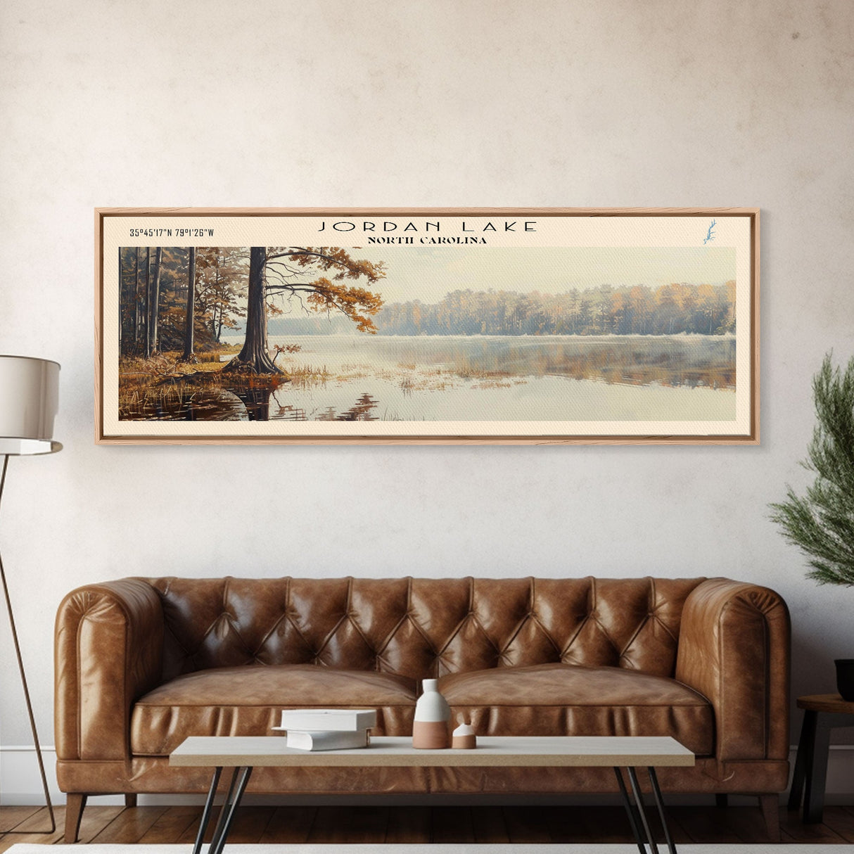 Jordan Lake North Carolina Framed Canvas Print, Lake House Art, Panoramic Travel Poster, Wall Art, Stunning Lake Painting, Home Decor