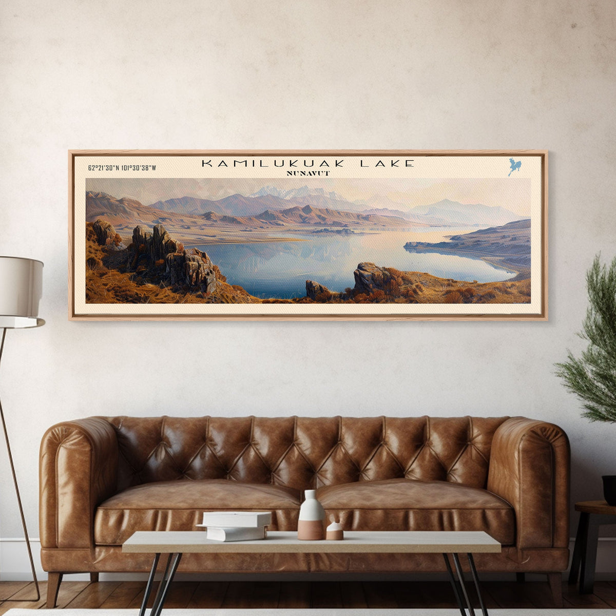 Kamilukuak Lake Framed Canvas Print, Lake House Decor, Panoramic Wall Art, Travel Poster, Captivating Lake Painting, Nature Art