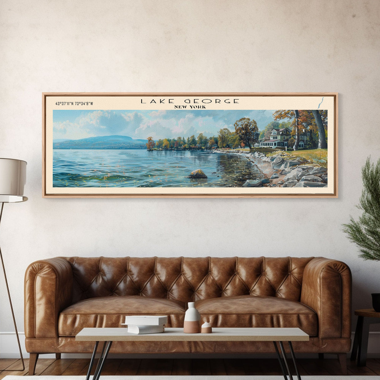 Lake George New York Framed Canvas Print, Lake House Decor, Panoramic Wall Art, Travel Poster, Stunning Landscape Painting, Home Art