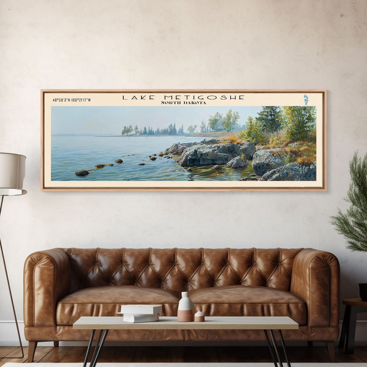 Lake Metigoshe North Dakota Framed Canvas Print, Lake House Decor, Panoramic Wall Art, Travel Poster, Serene Landscape Painting, Living Room Decor
