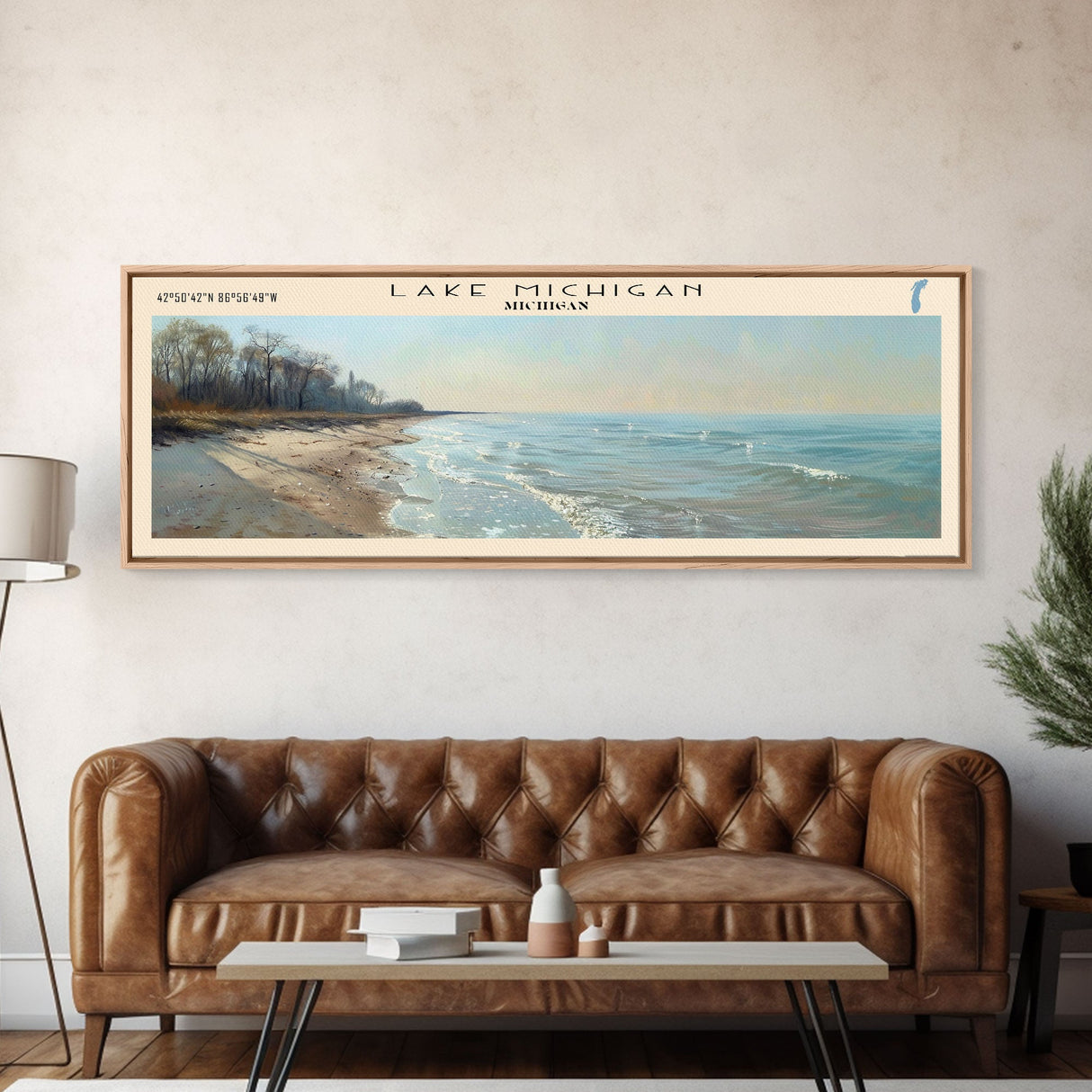 Lake Michigan Framed Canvas Print, Lake House Decor, Panoramic Wall Art, Travel Poster, Beautiful Landscape Painting, Bedroom Decor