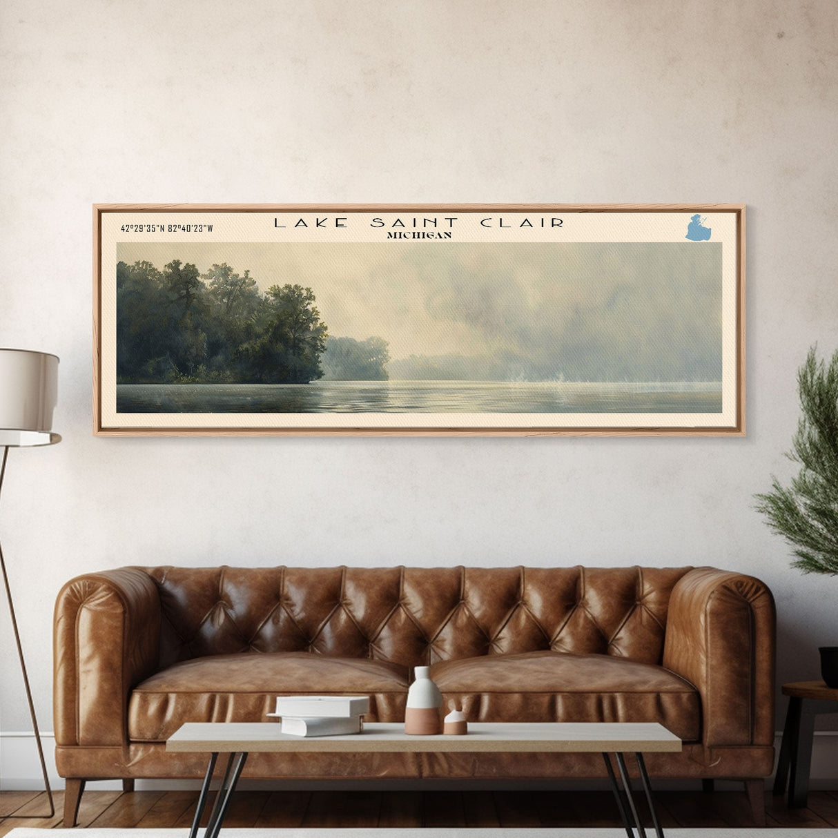 Lake Saint Clair, Boho Art, Travel Poster Art, Wall Art, Home Decor, Nature Scene, Lake Painting, Minimalist Art, Bedroom Decor, Landscape Painting, Travel Print, Framed Canvas Print, Lake House Decor, Panoramic Print