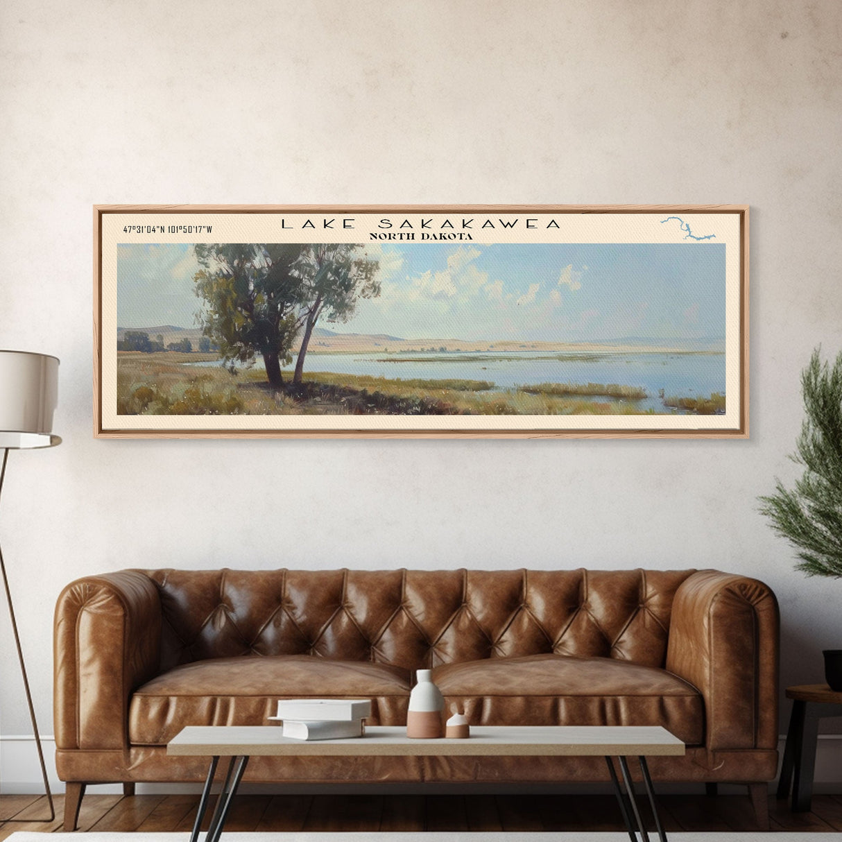 Lake Sakakawea, Boho Art, Beautiful Landscape, Travel Poster Art, Wall Art, Home Decor, Nature Scene, Lake Painting, Minimalist Art, Modern Art, Travel Print, Framed Canvas Print, Lake House Decor, Panoramic Print