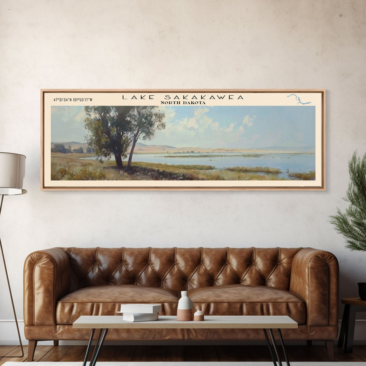 Lake Sakakawea, Boho Art, Beautiful Landscape, Travel Poster Art, Wall Art, Home Decor, Nature Scene, Lake Painting, Minimalist Art, Modern Art, Travel Print, Framed Canvas Print, Lake House Decor, Panoramic Print