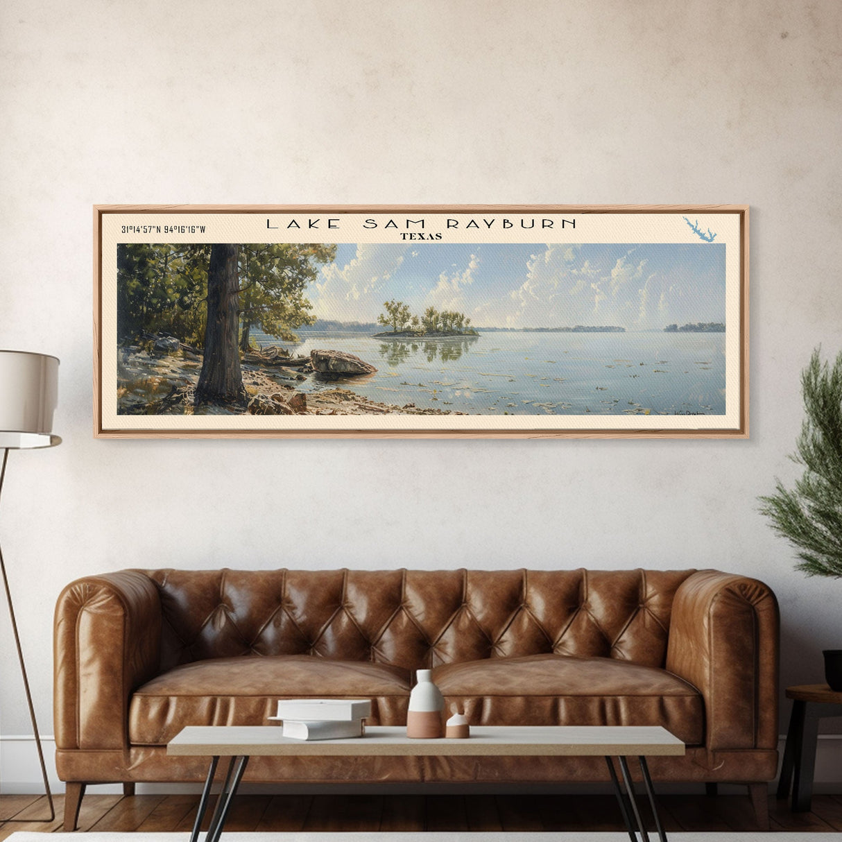 Lake Sam Rayburn, Boho Art, Serene Landscape, Travel Poster Art, Wall Art, Home Decor, Nature Scene, Lake Painting, Minimalist Art, Rustic Art, Travel Print, Framed Canvas Print, Lake House Decor, Panoramic Print