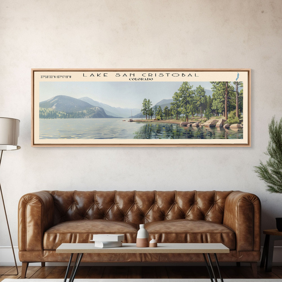 Lake San Cristobal, Boho Art, Beautiful Landscape, Travel Poster Art, Wall Art, Home Decor, Nature Scene, Lake Painting, Minimalist Art, Living Room Decor, Travel Print, Framed Canvas Print, Lake House Decor, Panoramic Print