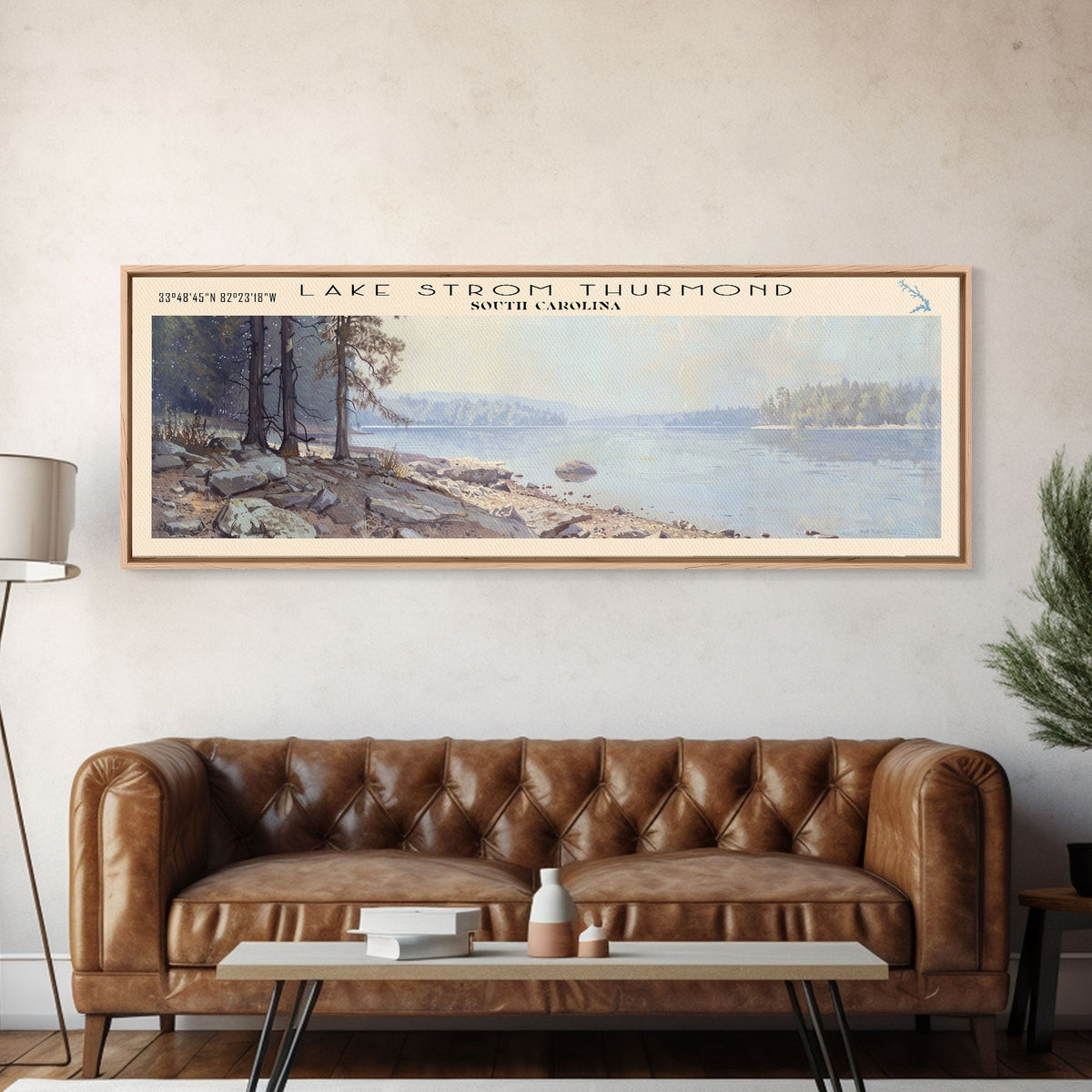 Lake Strom Thurmond South Carolina Framed Canvas Print, Lake House Decor, Panoramic Wall Art, Travel Poster, Serene Landscape Painting, Bedroom Decor