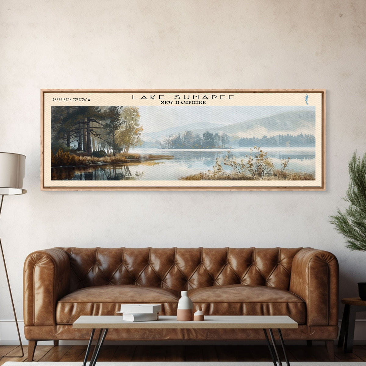 Lake Sunapee New Hampshire Framed Canvas Print, Lake House Decor, Panoramic Wall Art, Travel Poster, Scenic Landscape Painting, Living Room Decor