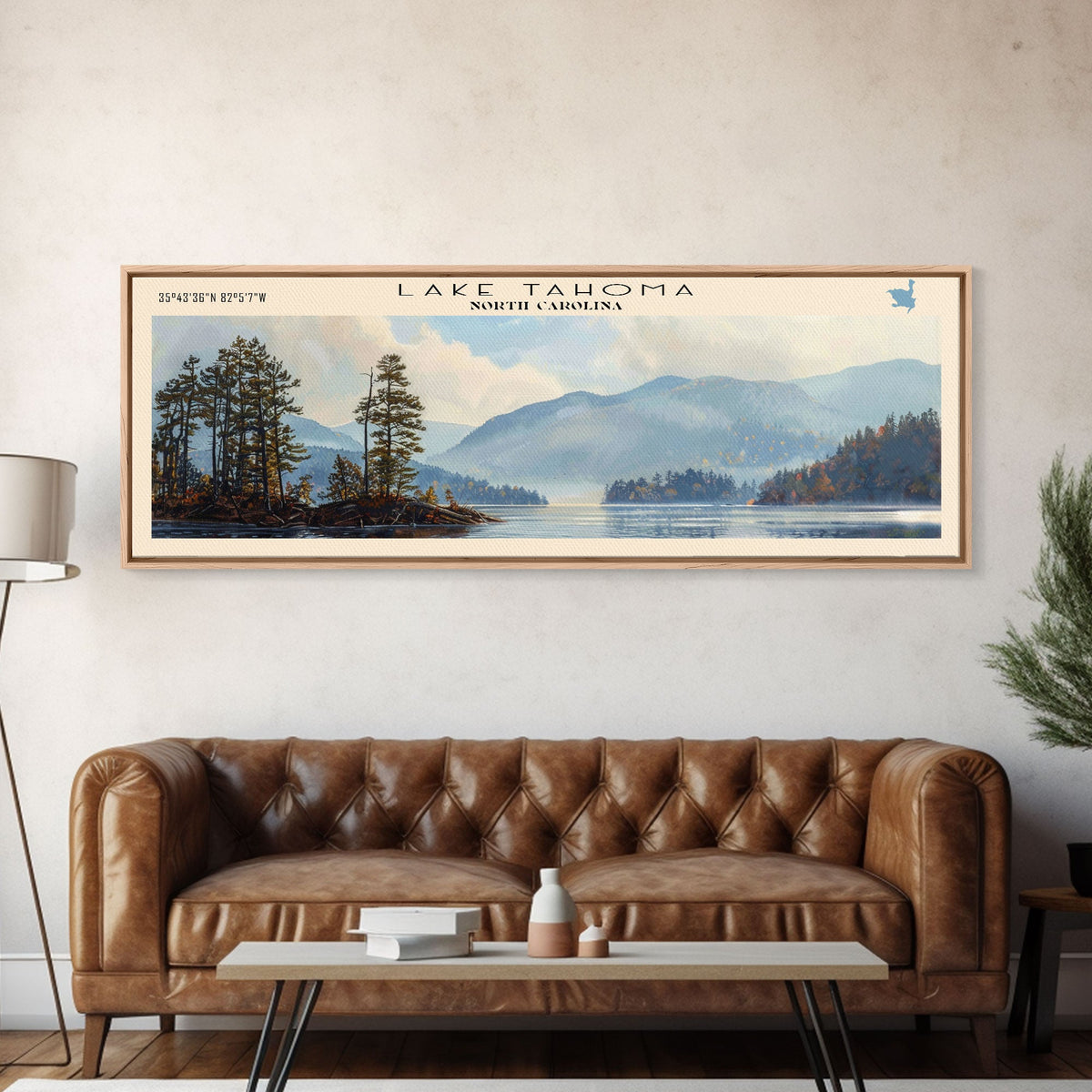 Lake Tahoma North Carolina Framed Canvas Print, Lake House Decor, Panoramic Wall Art, Travel Poster, Serene Landscape Painting, Rustic Art