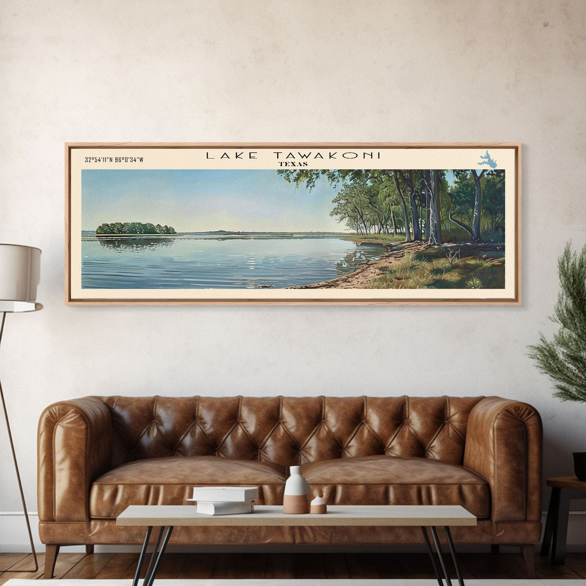 Lake Tawakoni Texas Framed Canvas Print, Lake House Decor, Panoramic Wall Art, Travel Poster, Stunning Landscape Painting, Bedroom Decor