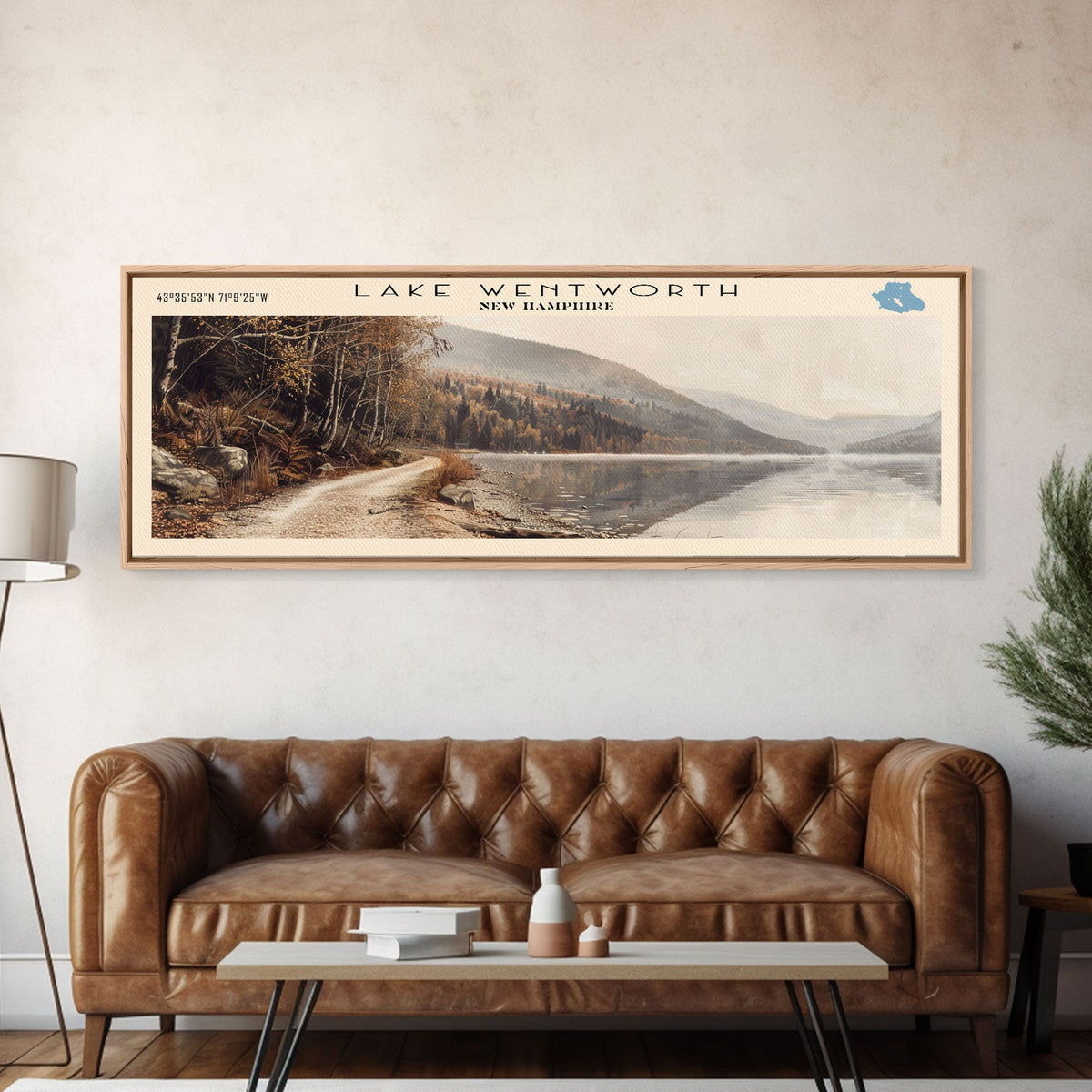 Lake Wentworth New Hampshire Framed Canvas Print, Lake House Decor, Panoramic Wall Art, Travel Poster, Scenic Landscape Painting, Rustic Art