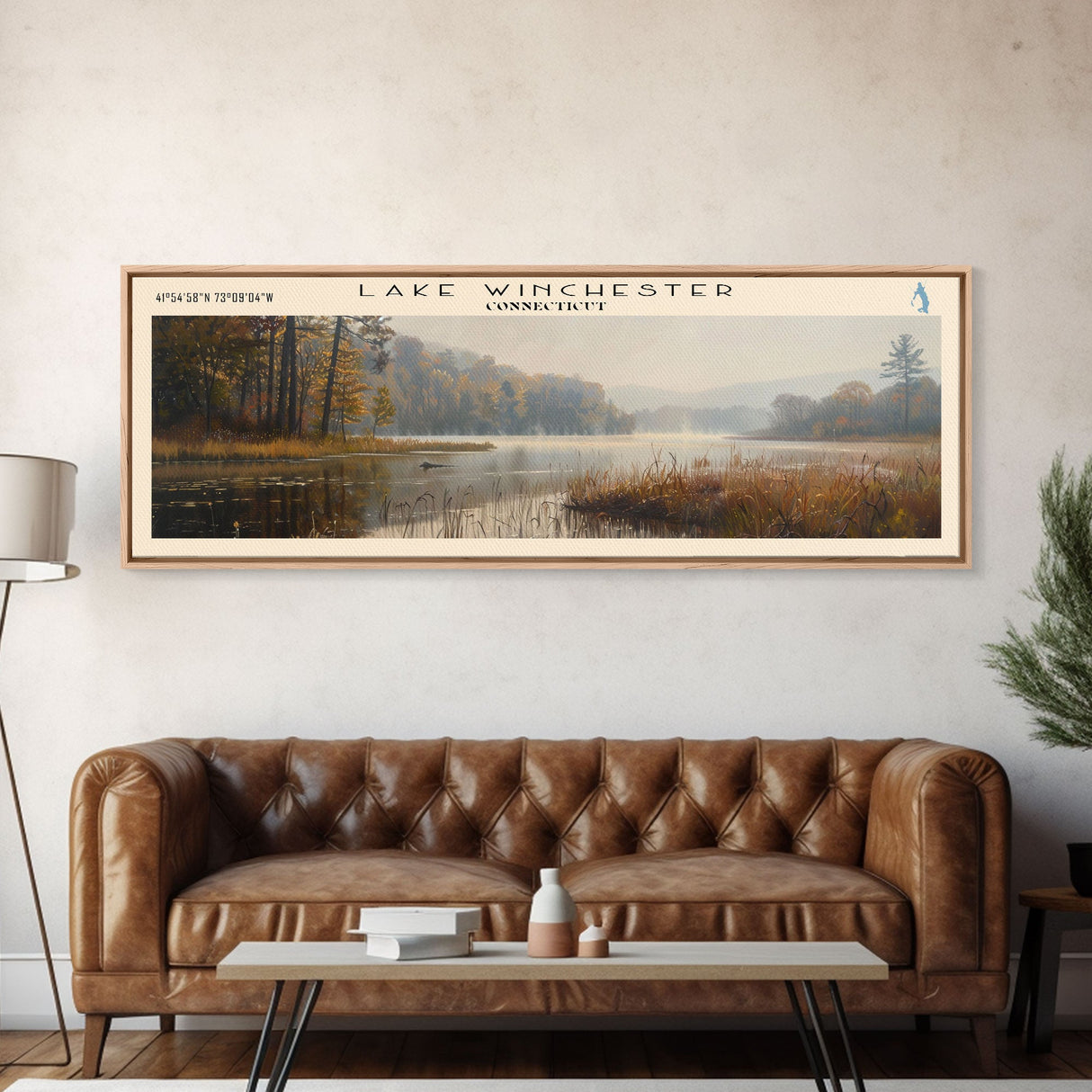 Lake Winchester Connecticut Framed Canvas Print, Lake House Decor, Panoramic Wall Art, Travel Poster, Landscape Painting, Contemporary Art