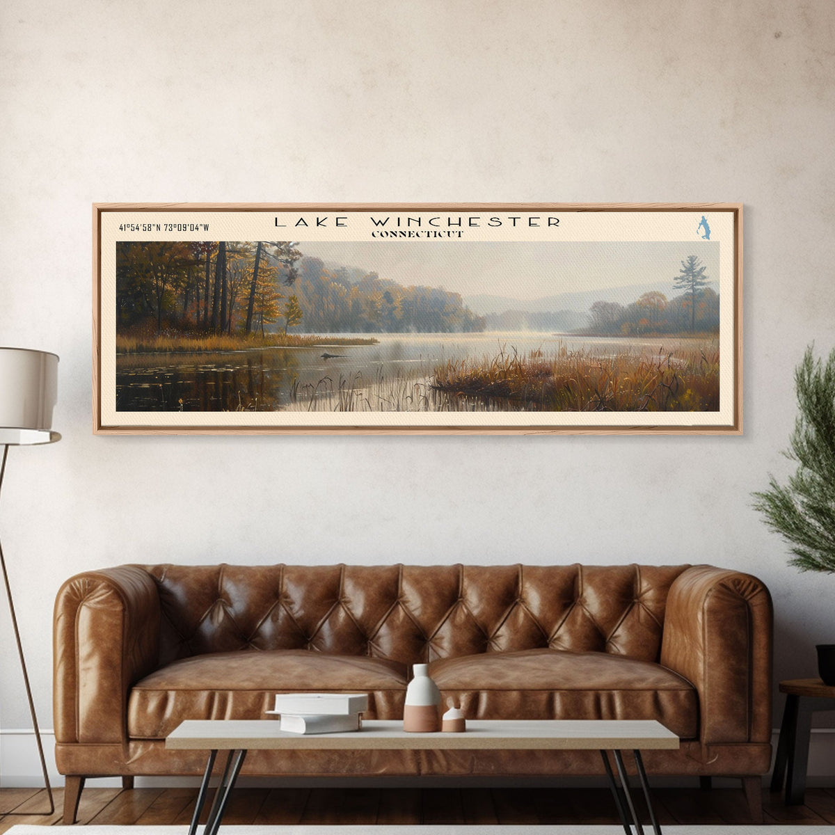 Lake Winchester Connecticut Framed Canvas Print, Lake House Decor, Panoramic Wall Art, Travel Poster, Landscape Painting, Contemporary Art