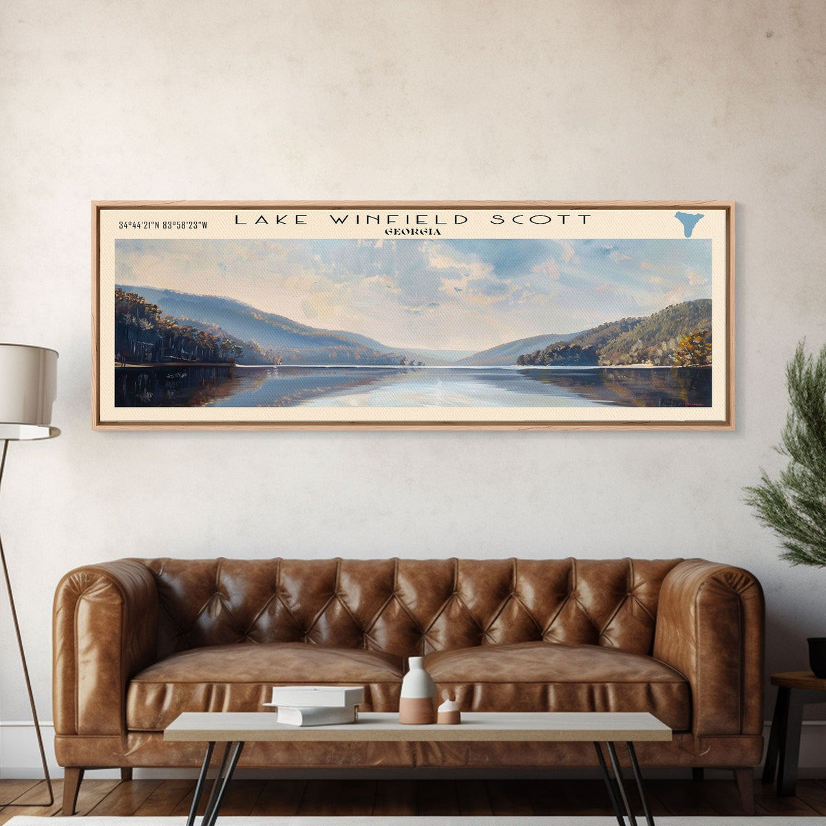 Lake Winfield Scott Georgia Framed Canvas Print, Lake House Decor, Panoramic Wall Art, Travel Poster, Scenic Landscape Painting, Rustic Art