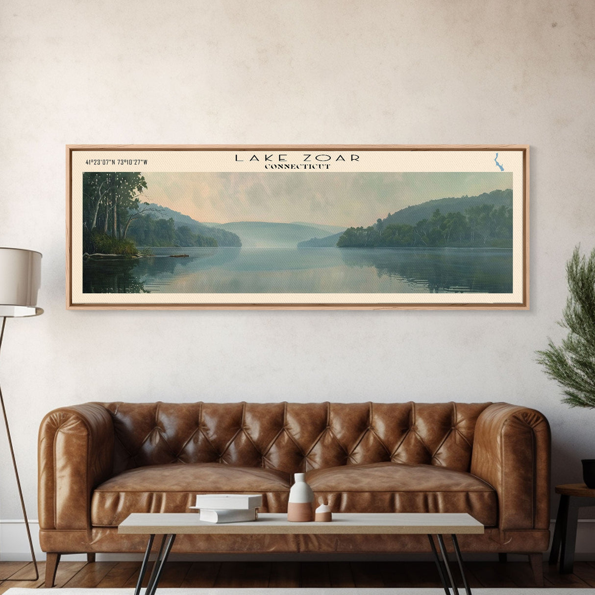 Lake Zoar Connecticut Framed Canvas Print, Lake House Decor, Panoramic Wall Art, Travel Poster, Landscape Painting, Living Room Decor