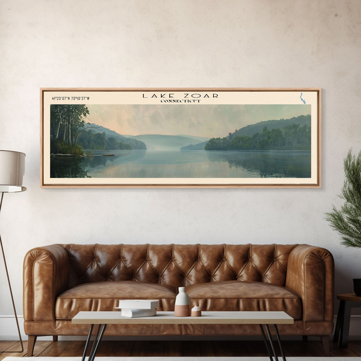 Lake Zoar Connecticut Framed Canvas Print, Lake House Decor, Panoramic Wall Art, Travel Poster, Landscape Painting, Living Room Decor