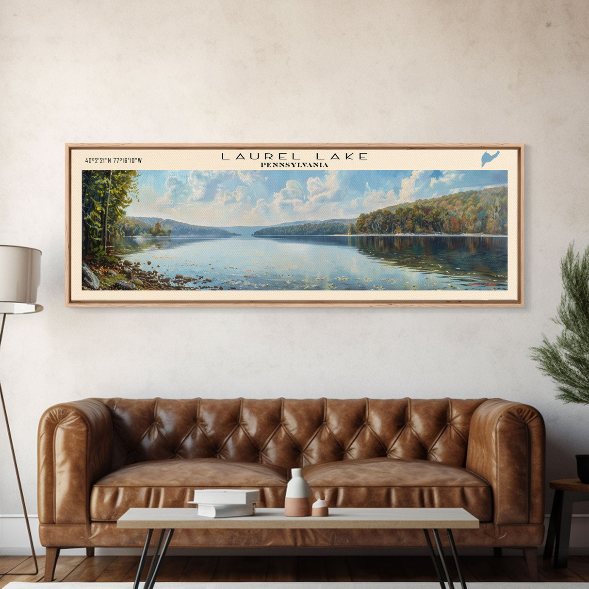 Laurel Lake Pennsylvania Framed Canvas Print, Lake House Decor, Panoramic Wall Art, Travel Poster, Landscape Painting, Bedroom Decor