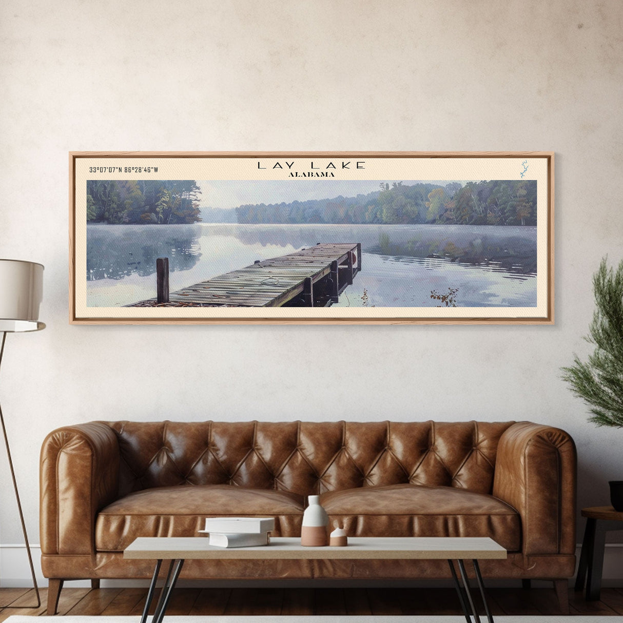 Lay Lake Alabama Framed Canvas Print, Lake House Decor, Panoramic Wall Art, Travel Poster, Beautiful Landscape Painting, Modern Art