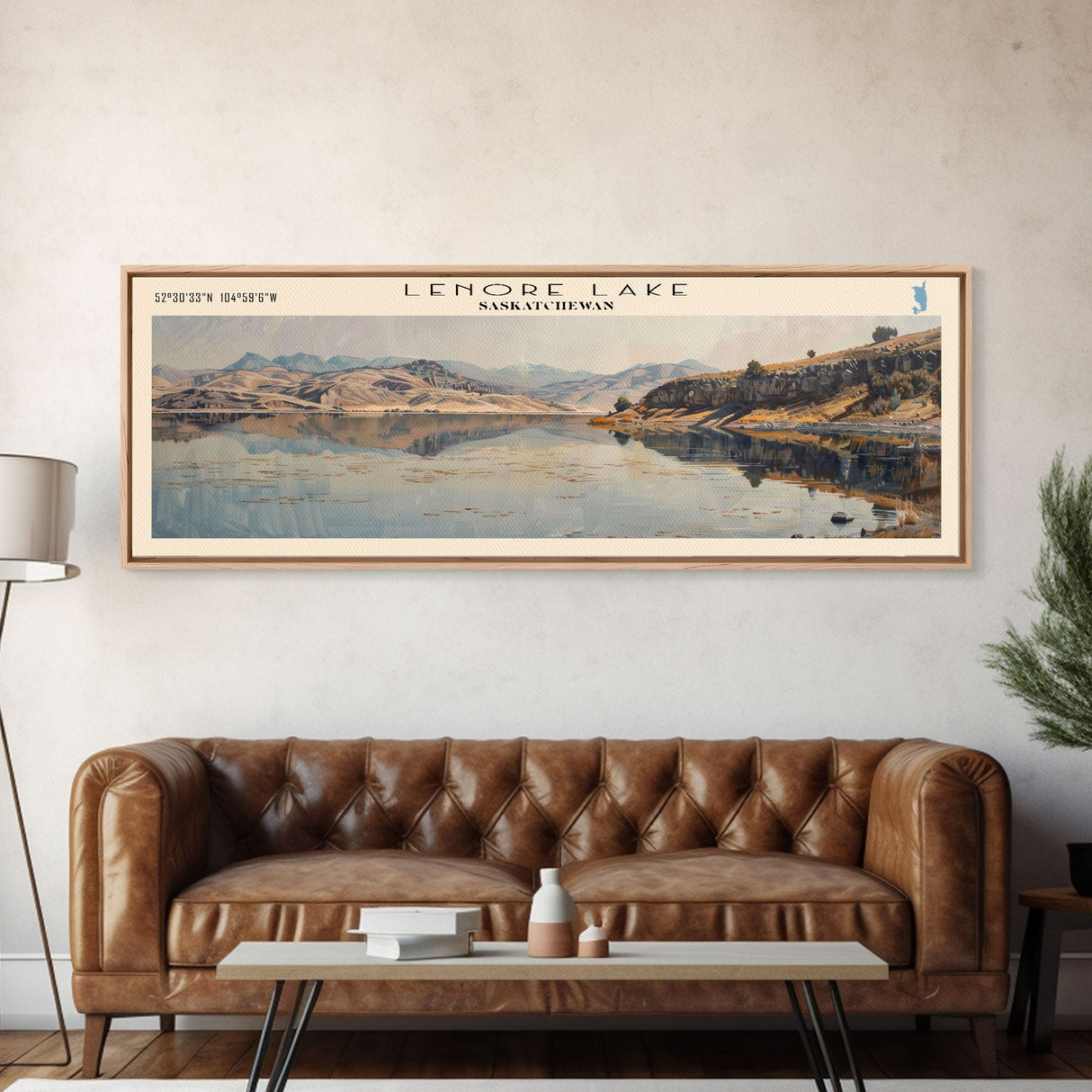 Lenore Lake Framed Canvas Print, Lake House Decor, Panoramic Wall Art, Travel Poster, Landscape Painting, Bedroom Decor