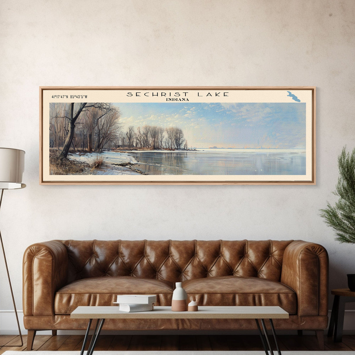 Sechrist Lake Indiana Framed Canvas Print, Lake House Decor, Panoramic Wall Art, Travel Poster, Serene Lake Painting, Bedroom Decor