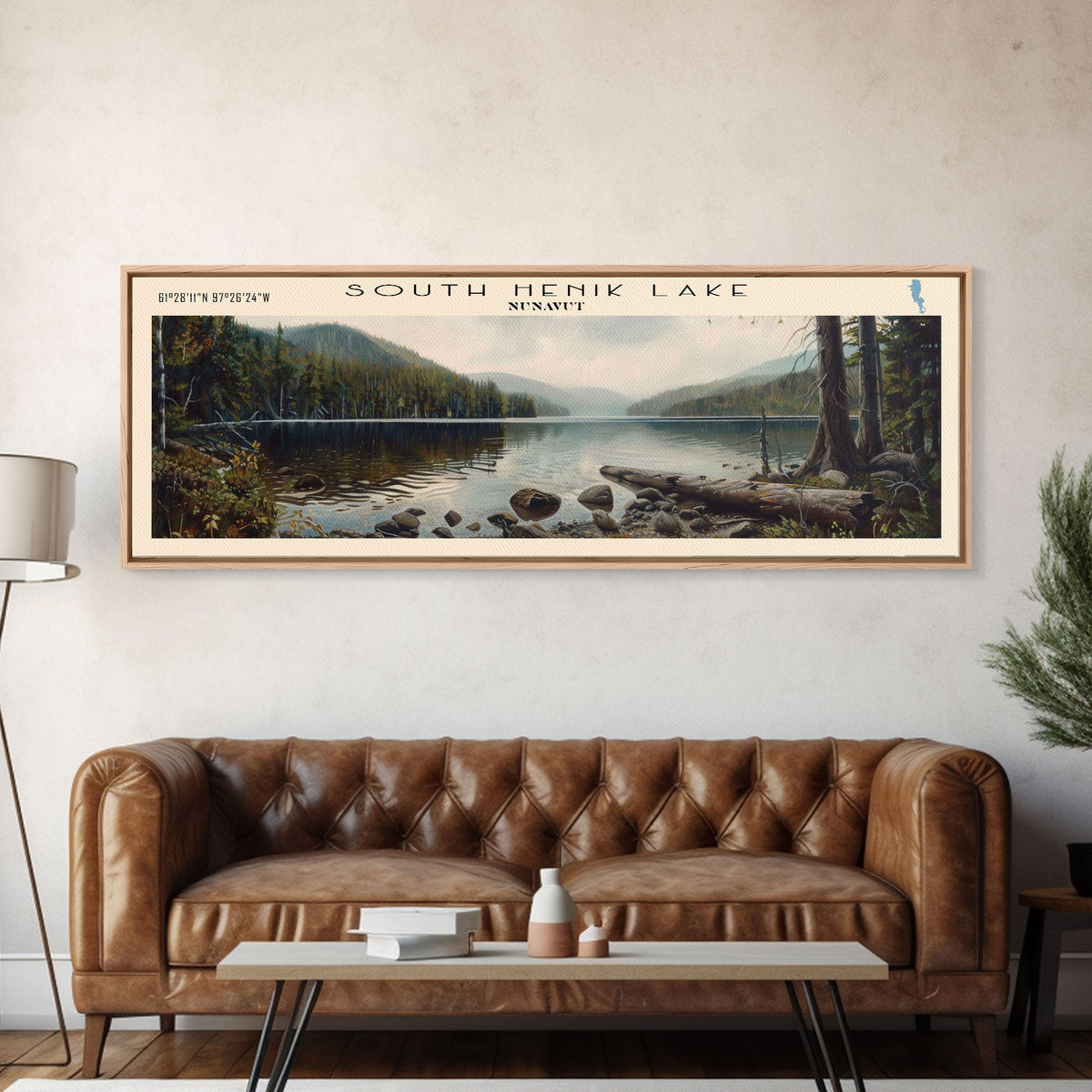 South Henik Lake Panoramic Framed Canvas Print, Lake House Decor, Wall Art, Travel Poster, Scenic Lake Painting, Living Room Decor