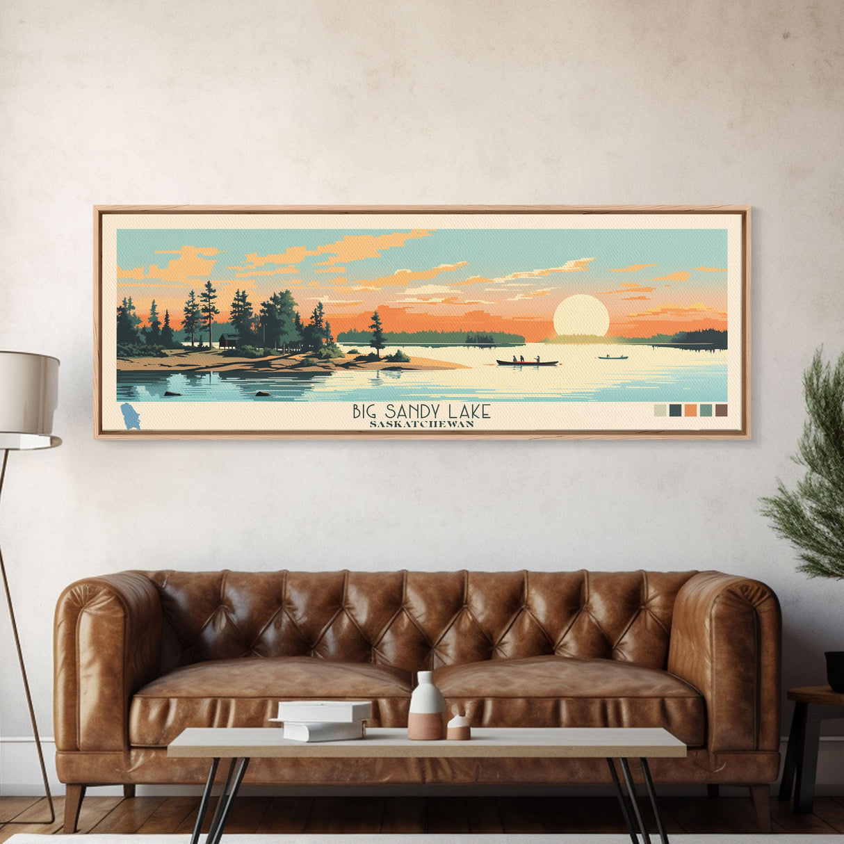 Big Sandy Lake Saskatchewan Framed Canvas Print, Panoramic Travel Poster, Midcentury Modern Wall Art, Pop Art, Lake House Decor, Nature Art