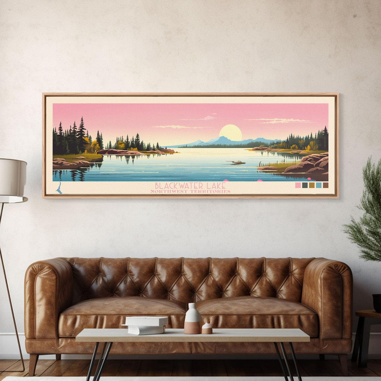 Blackwater Lake Northwest Territories Framed Canvas Print, Panoramic Wall Art, Midcentury Modern, Pop Art, Travel Poster, Scenic Living Room Art, Lake House Decor