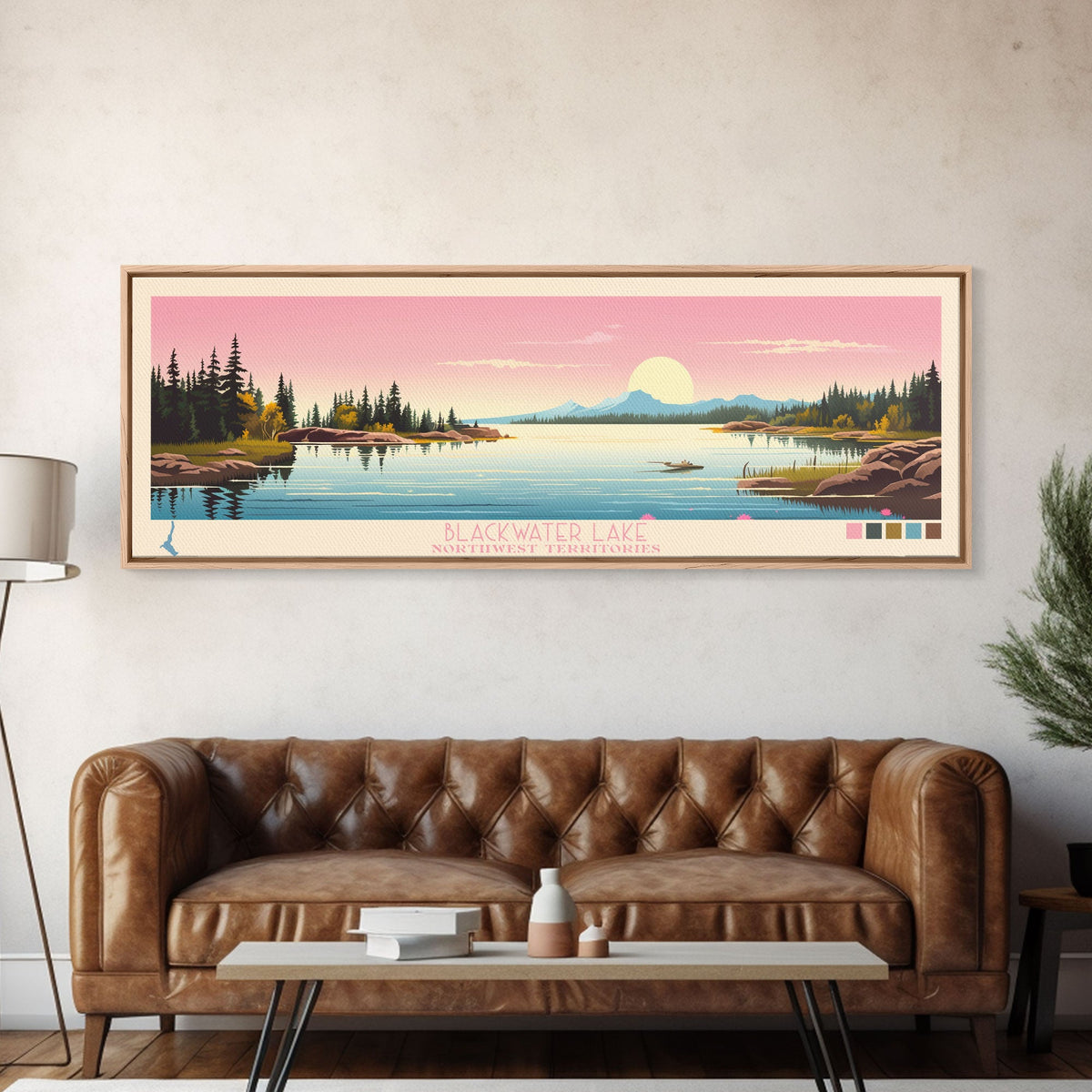 Blackwater Lake Northwest Territories Framed Canvas Print, Panoramic Wall Art, Midcentury Modern, Pop Art, Travel Poster, Scenic Living Room Art, Lake House Decor