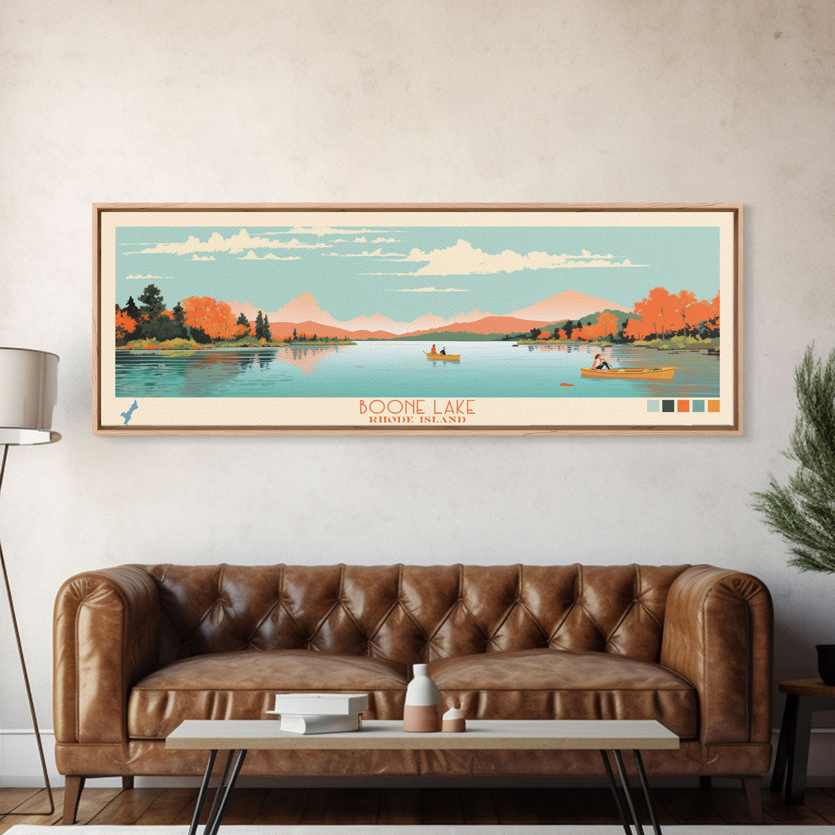 Boone Lake Rhode Island Framed Canvas Print, Panoramic Travel Poster, Midcentury Modern Wall Art, Pop Art, Nature Bedroom Decor, Scenic Lake House Art