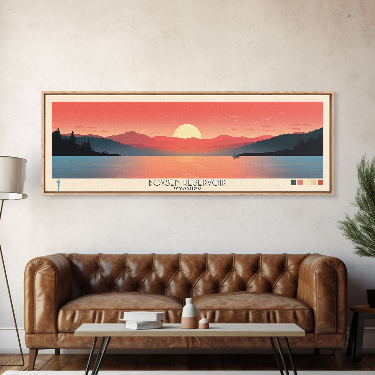Boysen Reservoir Wyoming Framed Canvas Print, Panoramic Travel Poster, Midcentury Modern Wall Art, Pop Art, Nature Bedroom Decor, Scenic Lake House Art