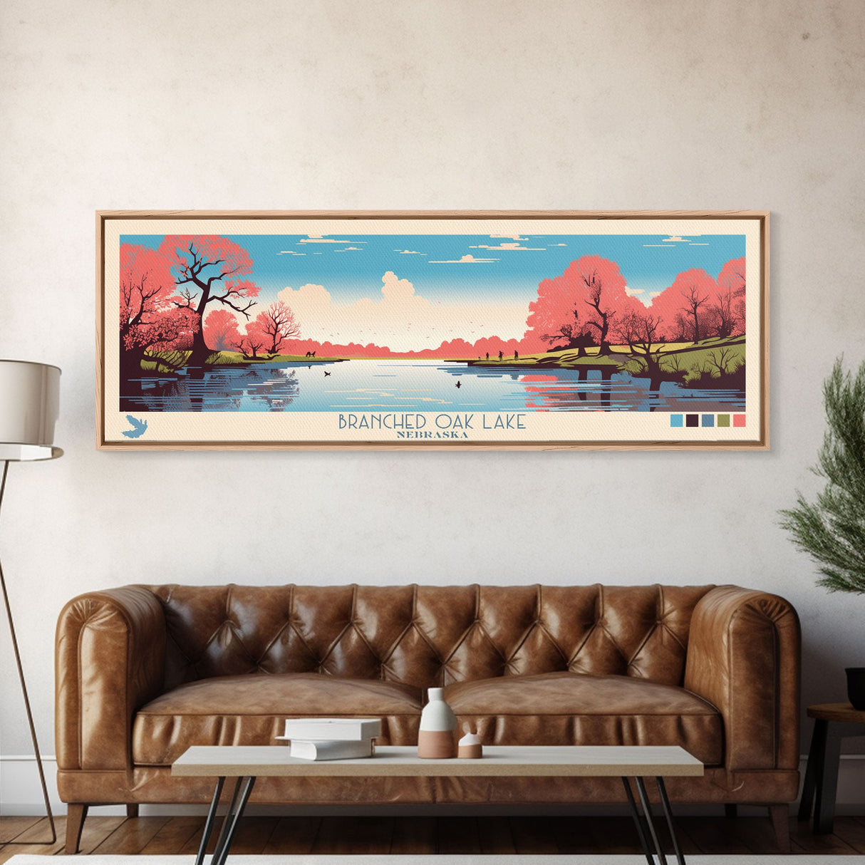 Branched Oak Lake Nebraska Framed Canvas Print, Pop Art Panoramic Travel Poster, Bedroom Decor, Midcentury Modern, Wall Art, Scenic Lake House