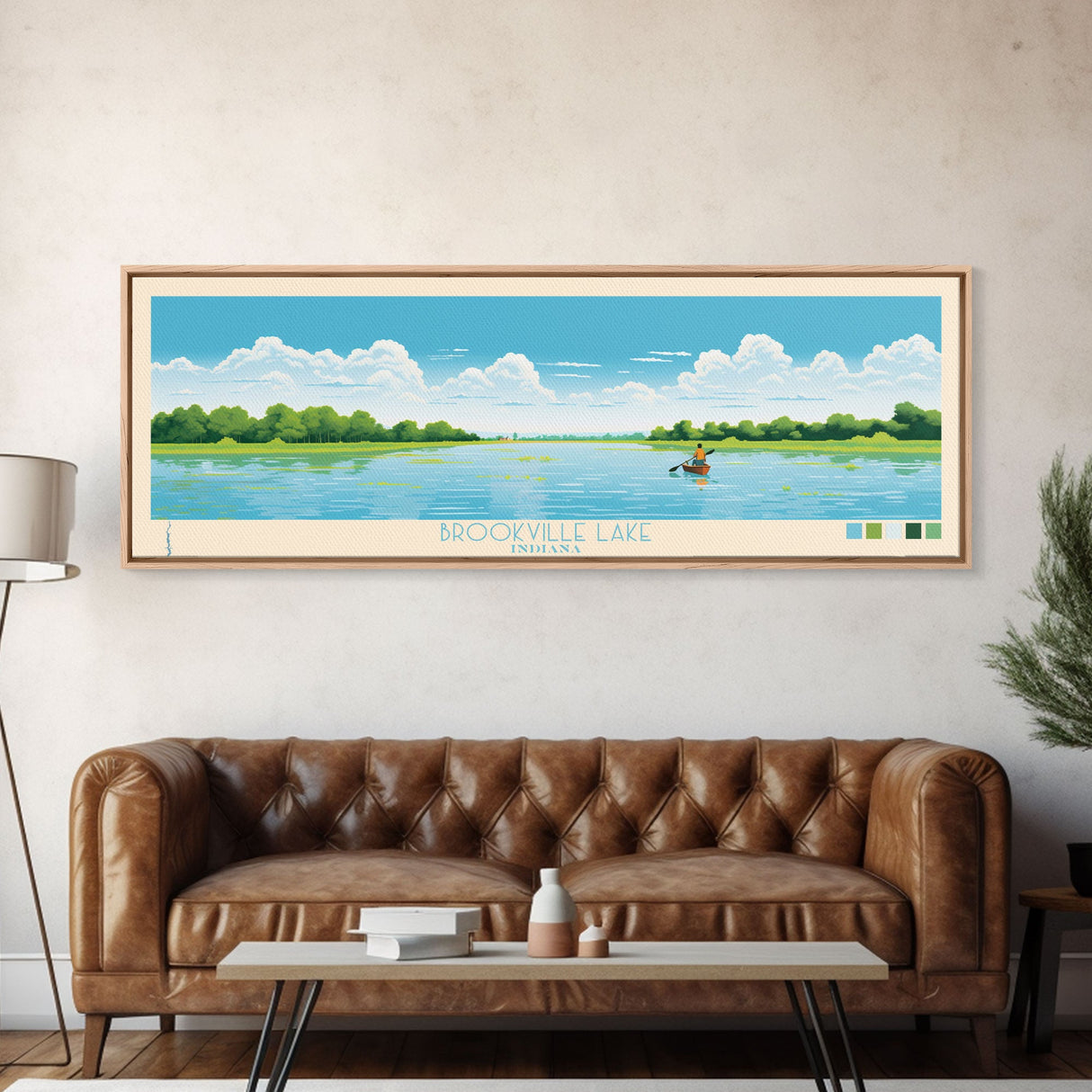 Brookville Lake Indiana Framed Canvas Print, Midcentury Modern Panoramic Wall Art, Living Room Decor, Pop Art, Travel Poster Art, Nature Painting