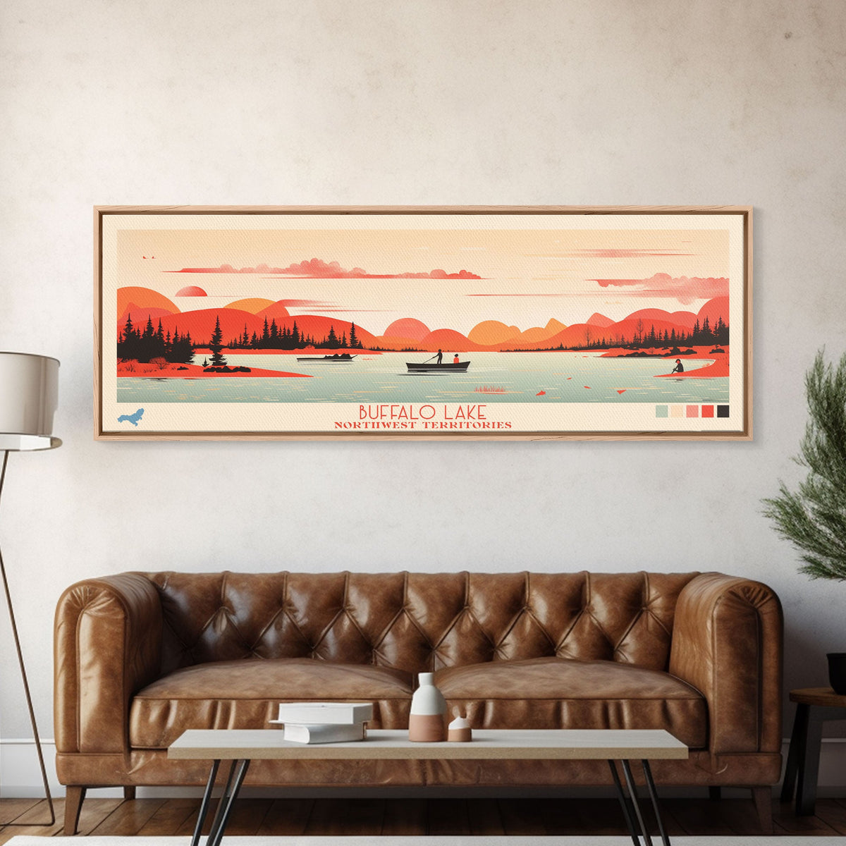 Buffalo Lake Northwest Territories Framed Canvas Print, Pop Art Panoramic Travel Poster, Midcentury Modern, Wall Art, Scenic Nature Painting, Bedroom Decor