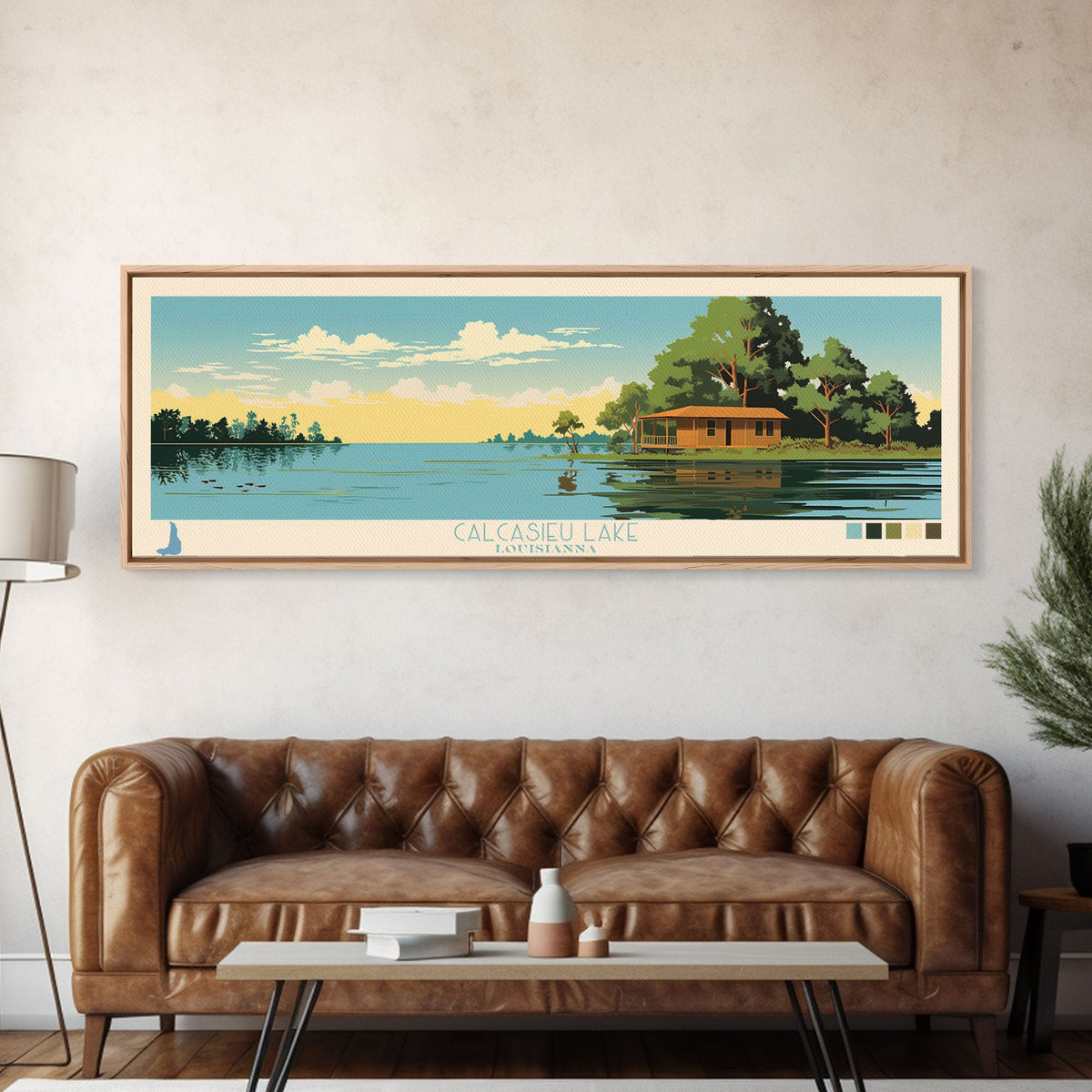 Calcasieu Lake Louisianna Framed Canvas Print, Pop Art Panoramic Travel Poster, Midcentury Modern, Wall Art, Scenic Nature Painting, Bedroom Decor