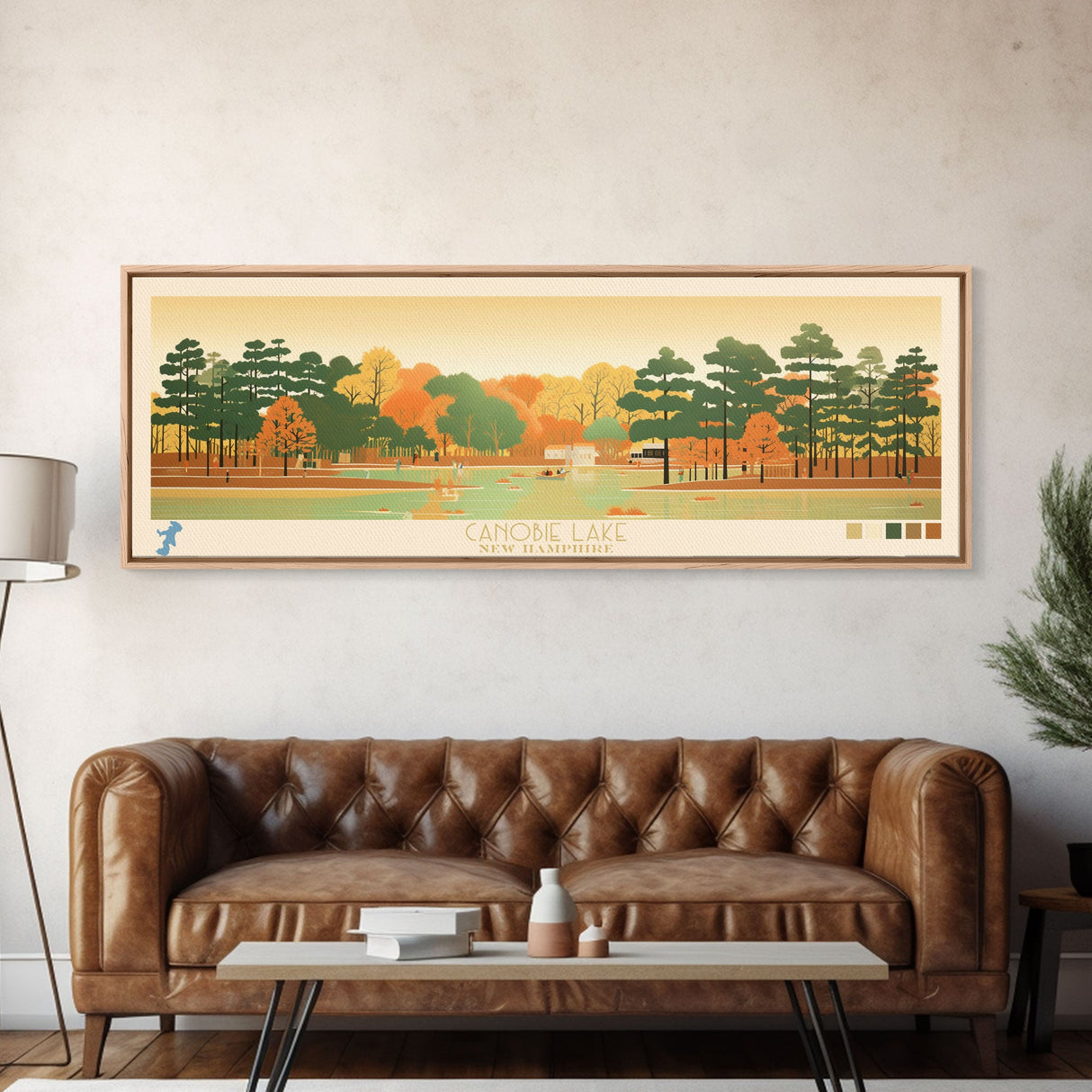 Canobie Lake New Hamphire Framed Canvas Print, Midcentury Modern Panoramic Wall Art, Living Room Decor, Pop Art, Travel Poster Art, Scenic Nature Painting