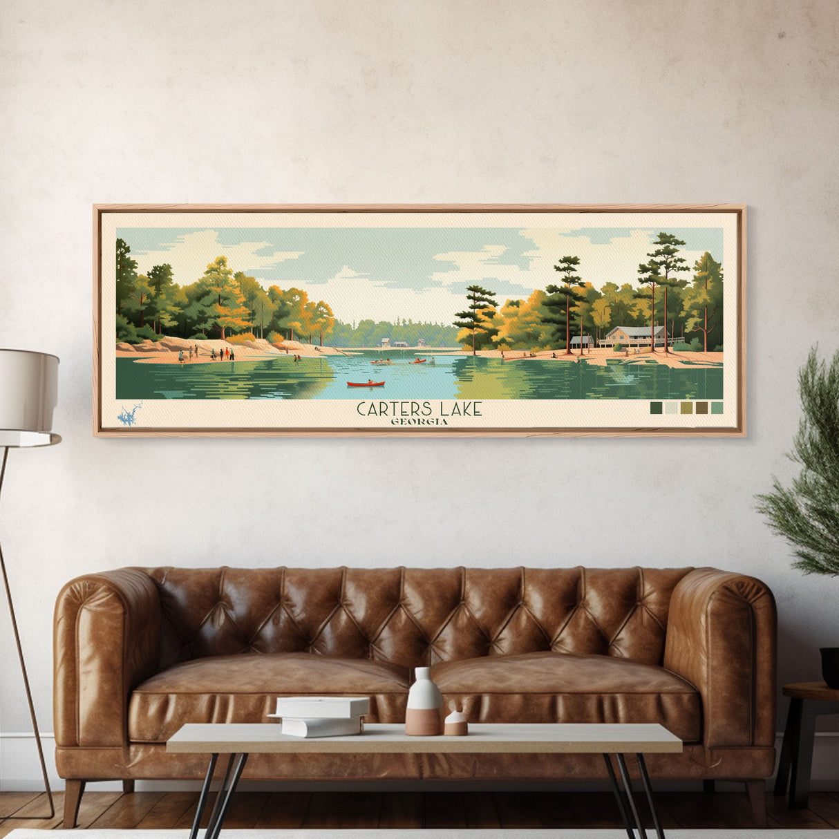 Carters Lake Georgia Framed Canvas Print, Pop Art Panoramic Travel Poster, Midcentury Modern, Wall Art, Scenic Nature Painting, Bedroom Decor, Living Room Art