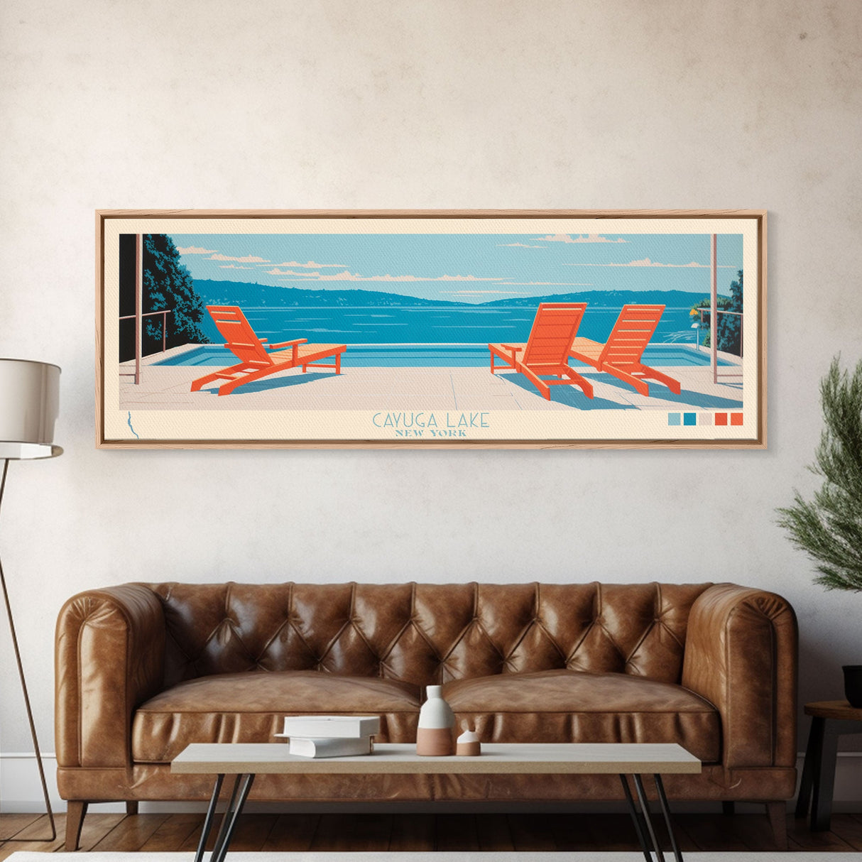 Cayuga Lake New York Framed Canvas Print, Pop Art Panoramic Travel Poster, Midcentury Modern, Wall Art, Scenic Nature Painting, Bedroom Decor, Living Room Art