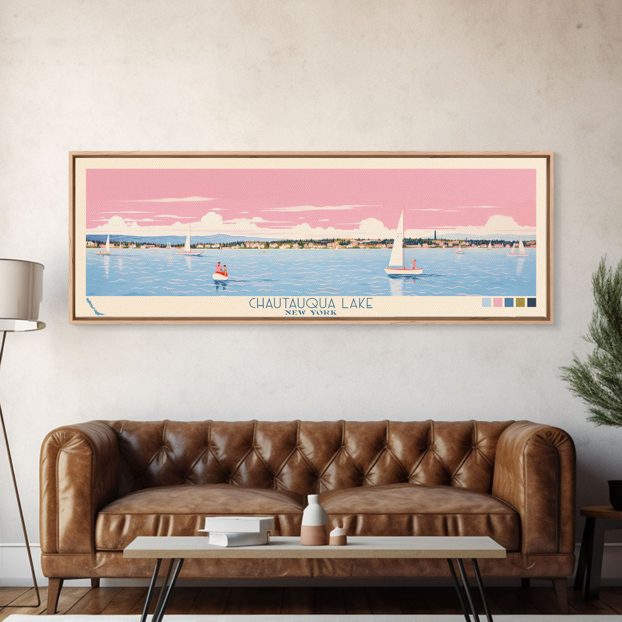 Chautauqua Lake New York Framed Canvas Print, Pop Art Panoramic Travel Poster, Midcentury Modern, Wall Art, Scenic Nature Painting, Bedroom Decor, Living Room Art