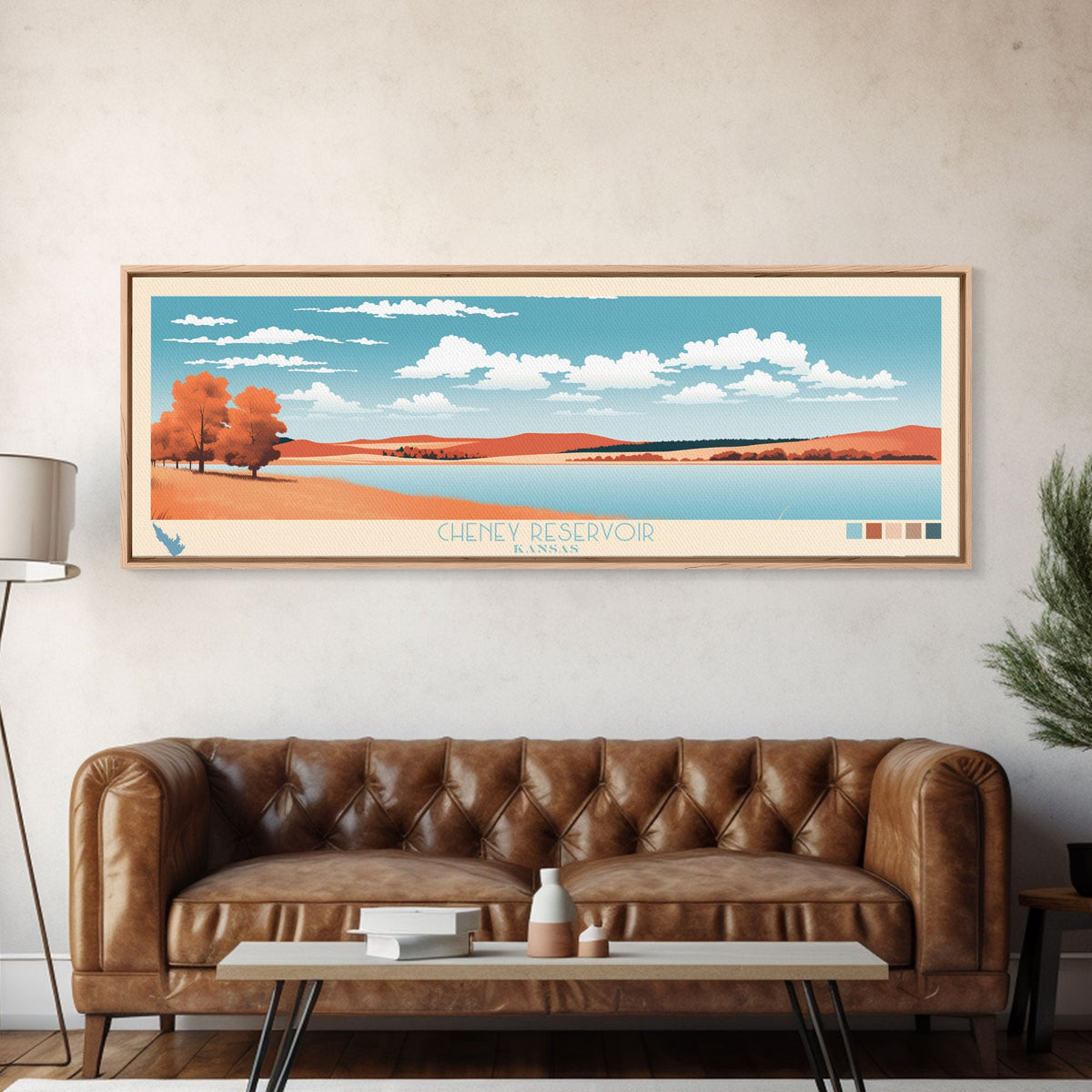 Cheney Reservoir Kansas Framed Canvas Print, Midcentury Modern Panoramic Wall Art, Living Room Decor, Pop Art, Travel Poster Art, Scenic Nature Painting, Lake House Decor
